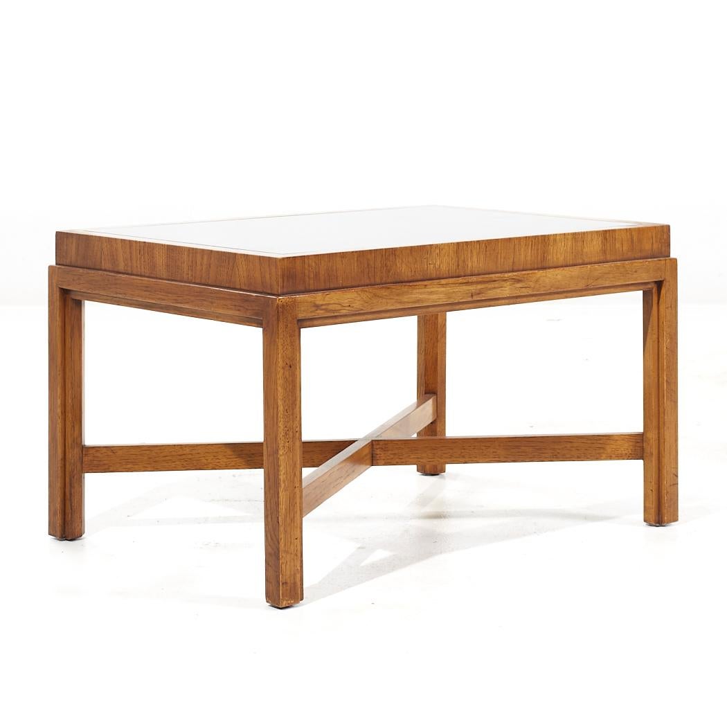 Late 20th Century Drexel Heritage Mid Century Walnut and Smoked Glass Side End Table For Sale