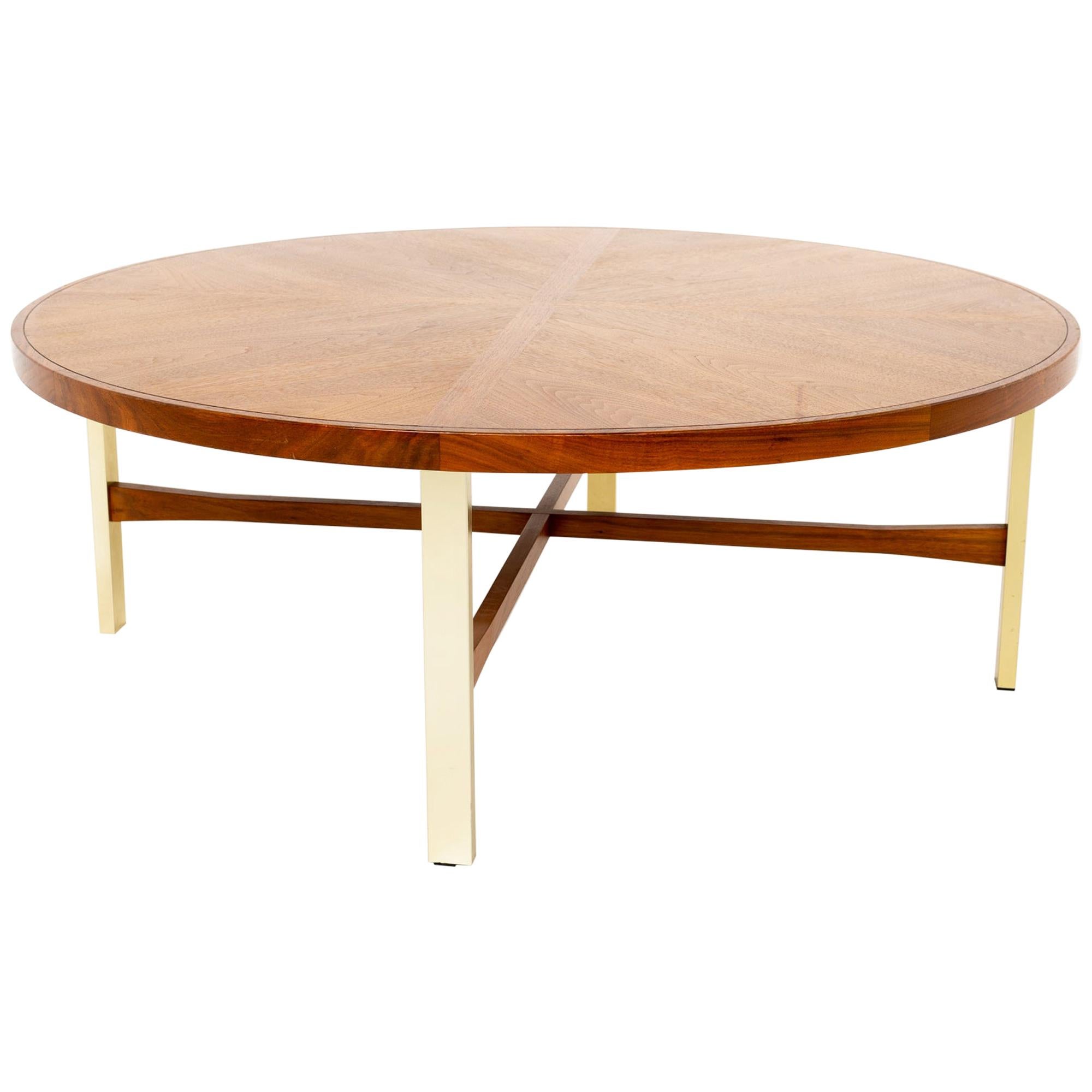 Drexel Heritage Mid Century Walnut and Brass Round Coffee Table