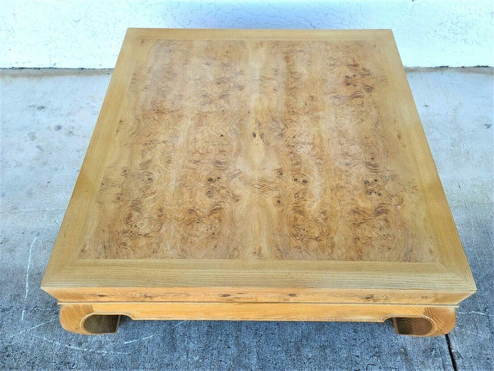 Offering one of our recent palm beach Estate fine furniture acquisitions of a
Drexel heritage Ming Asian olive burl wood coffee table
It has the Drexel tag underneath.

Approximate measurements in inches
15.25