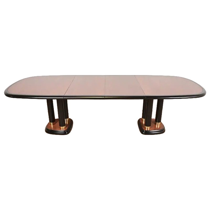 Drexel Heritage Modern Art Deco Walnut and Black Lacquered Pedestal Dining Table