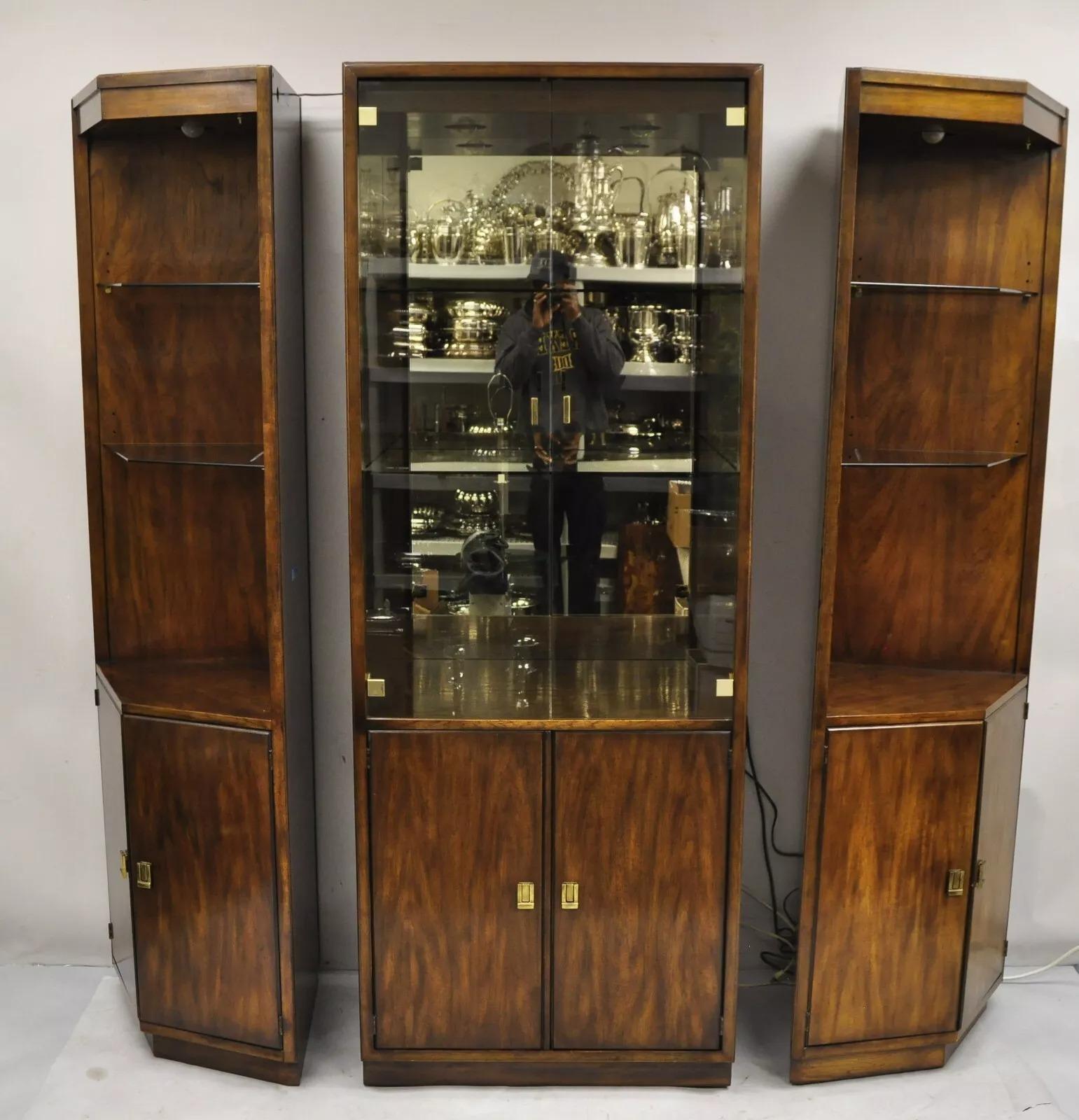 Drexel Heritage Modern Campaign Style 3 pc Lighted China Cabinet Curio Display For Sale 4