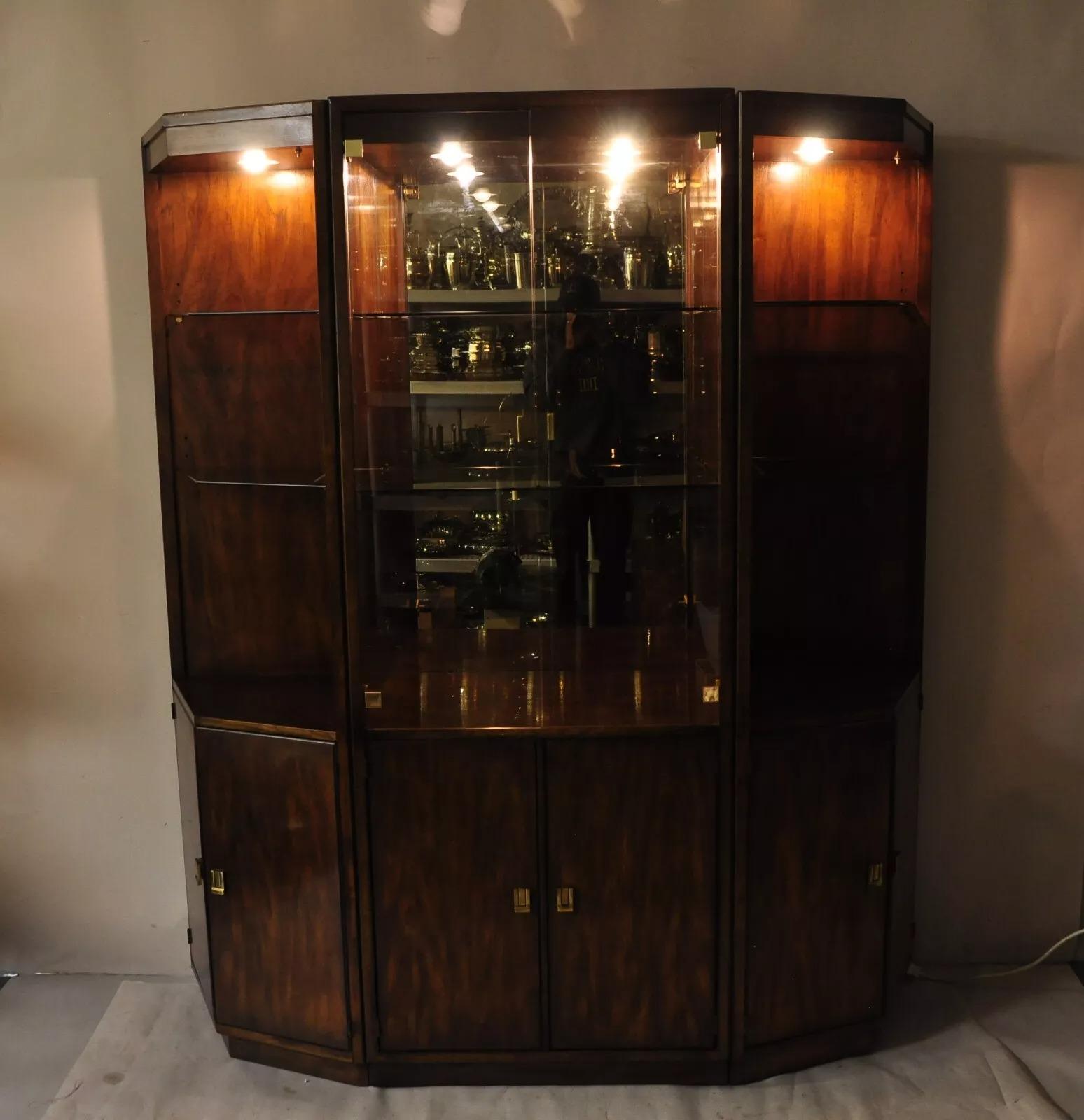 Drexel Heritage Modern Campaign Style 3 pc Lighted China Cabinet Curio Display For Sale 6