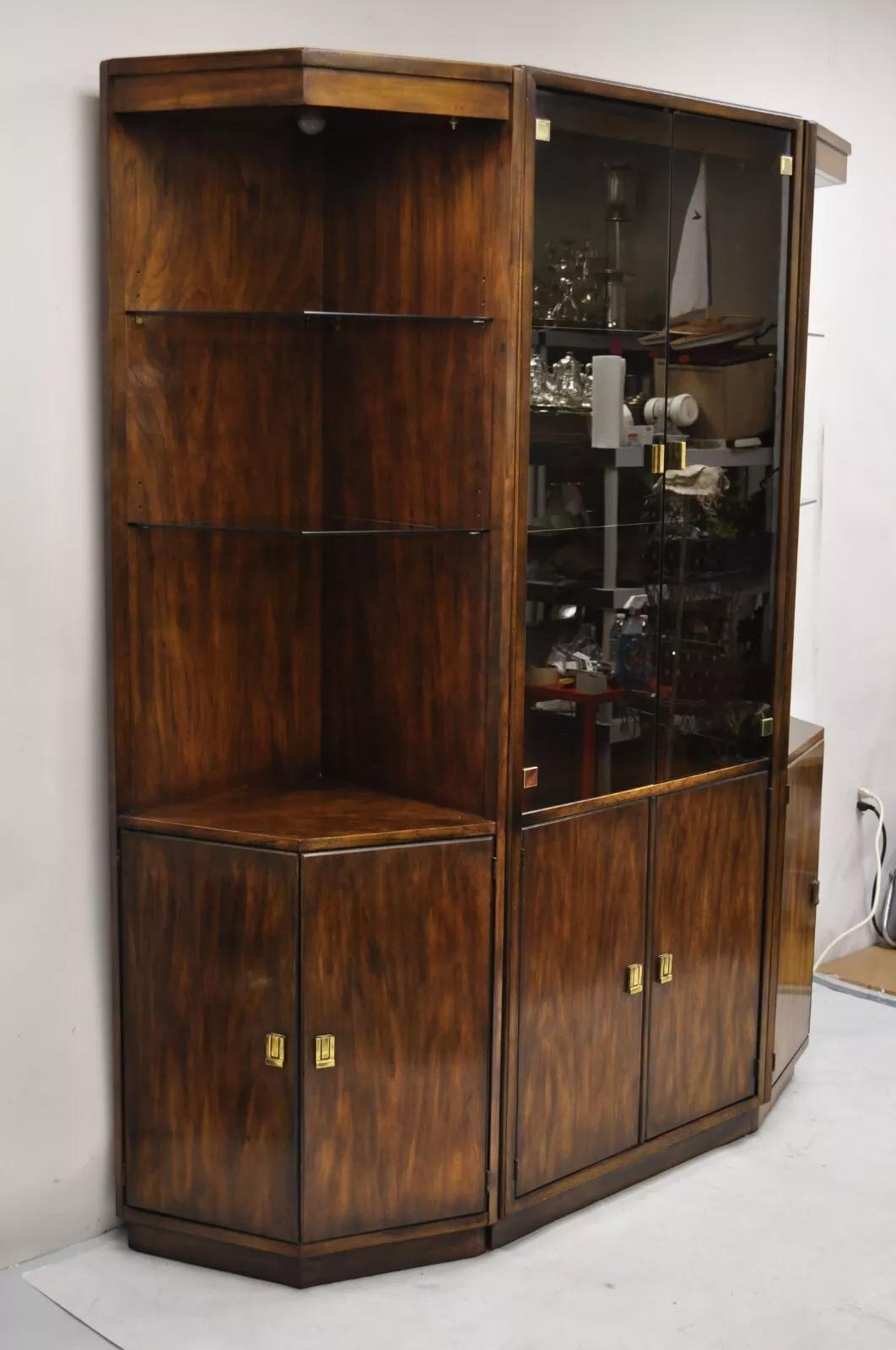 Unknown Drexel Heritage Modern Campaign Style 3 pc Lighted China Cabinet Curio Display For Sale