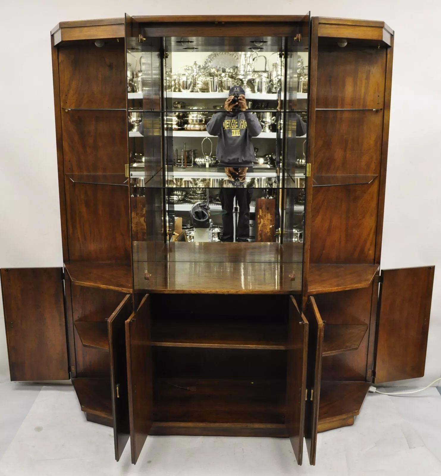 Drexel Heritage Modern Campaign Style 3 pc Lighted China Cabinet Curio Display For Sale 1