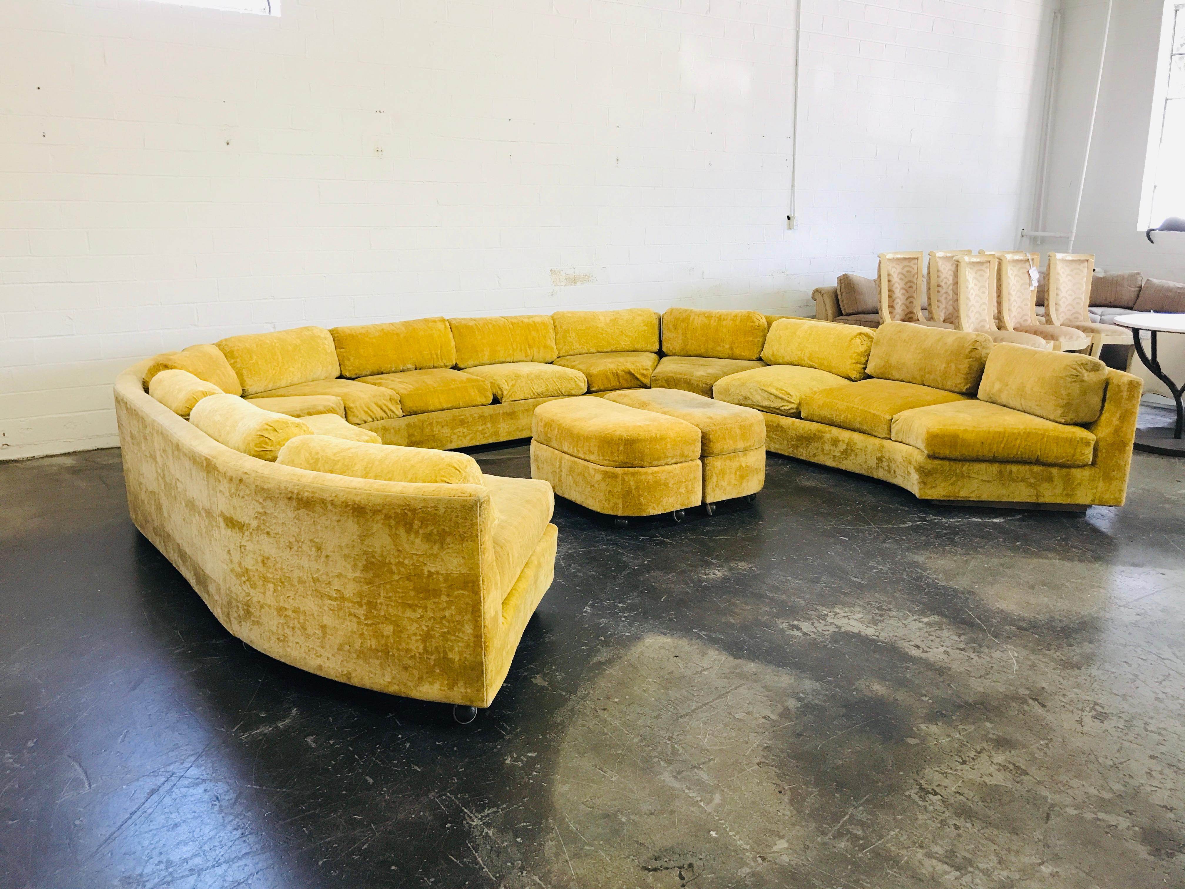 This piece has quite an interesting history--it was newly purchased in 1972 and in the home of our (Texas') two time Governor Clements. 
The individual pieces are 10 feet each and we would highly recommend new foam cushions and upholstery for this
