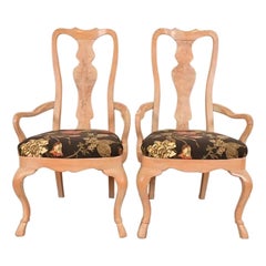 Used Drexel Heritage Queen Anne Carved Oak and Burl Wood Armchairs, Pair