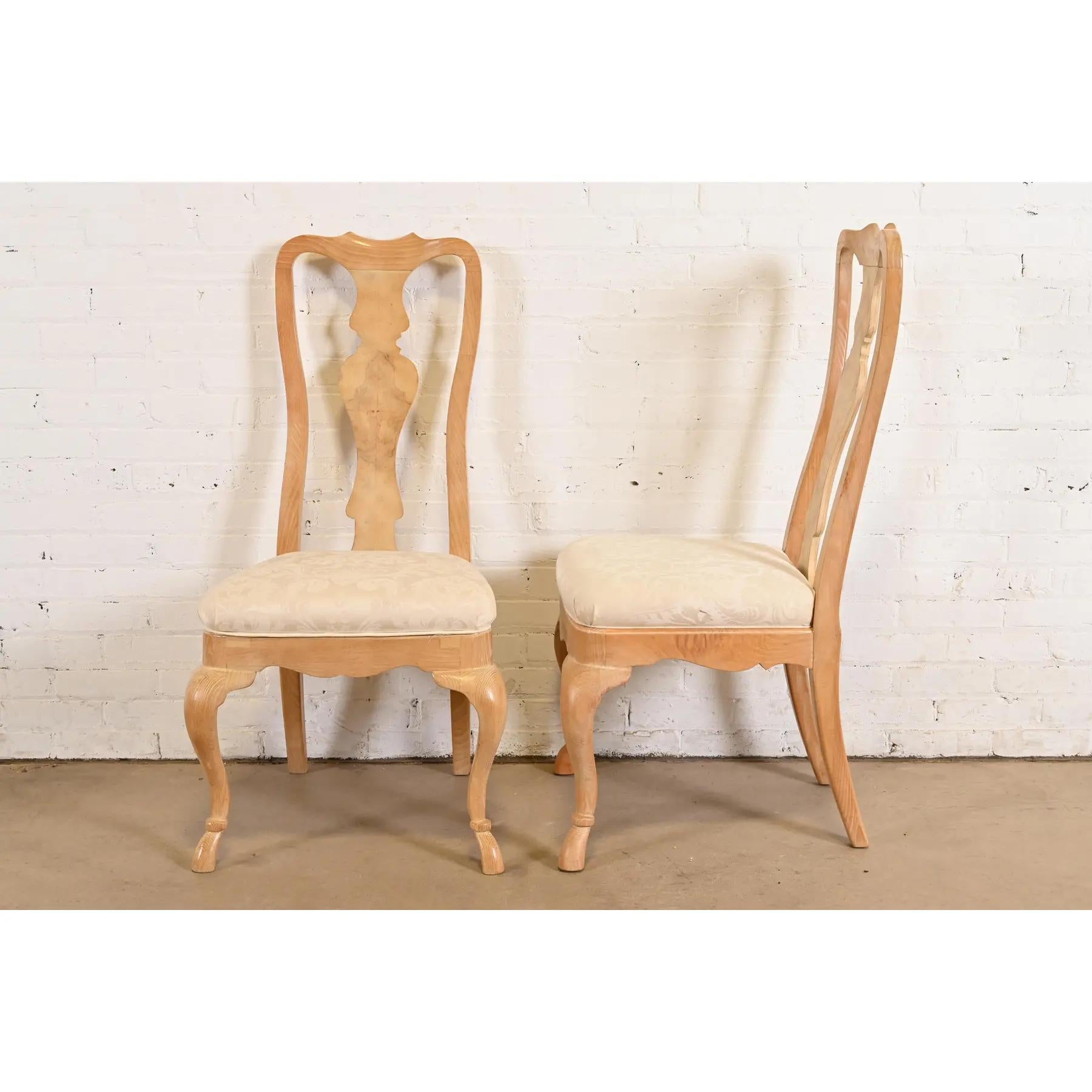 Drexel Heritage Queen Anne Carved Oak and Burl Wood Dining Chairs, Set of Ten For Sale 5
