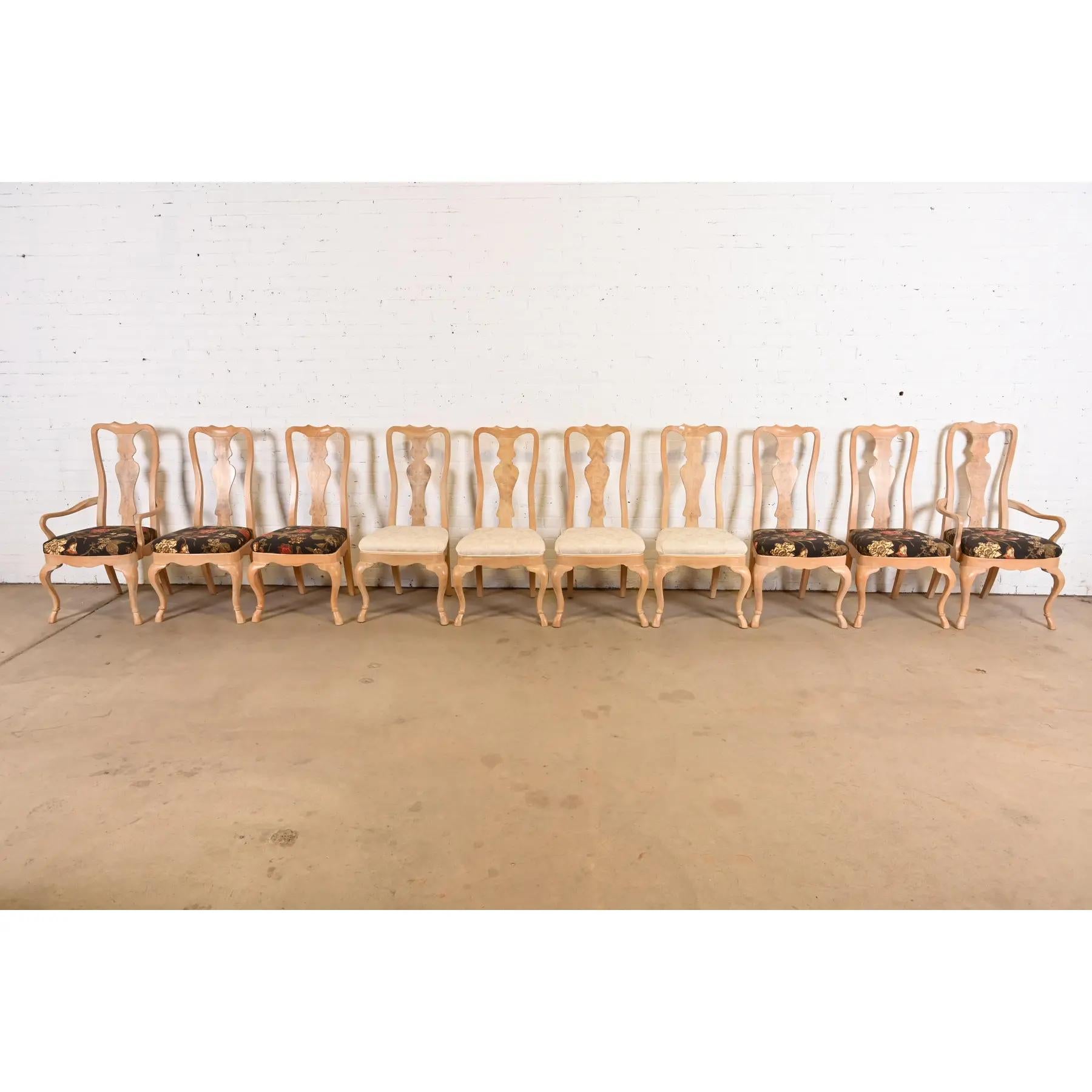 Drexel Heritage Queen Anne Carved Oak and Burl Wood Dining Chairs, Set of Ten In Good Condition For Sale In South Bend, IN
