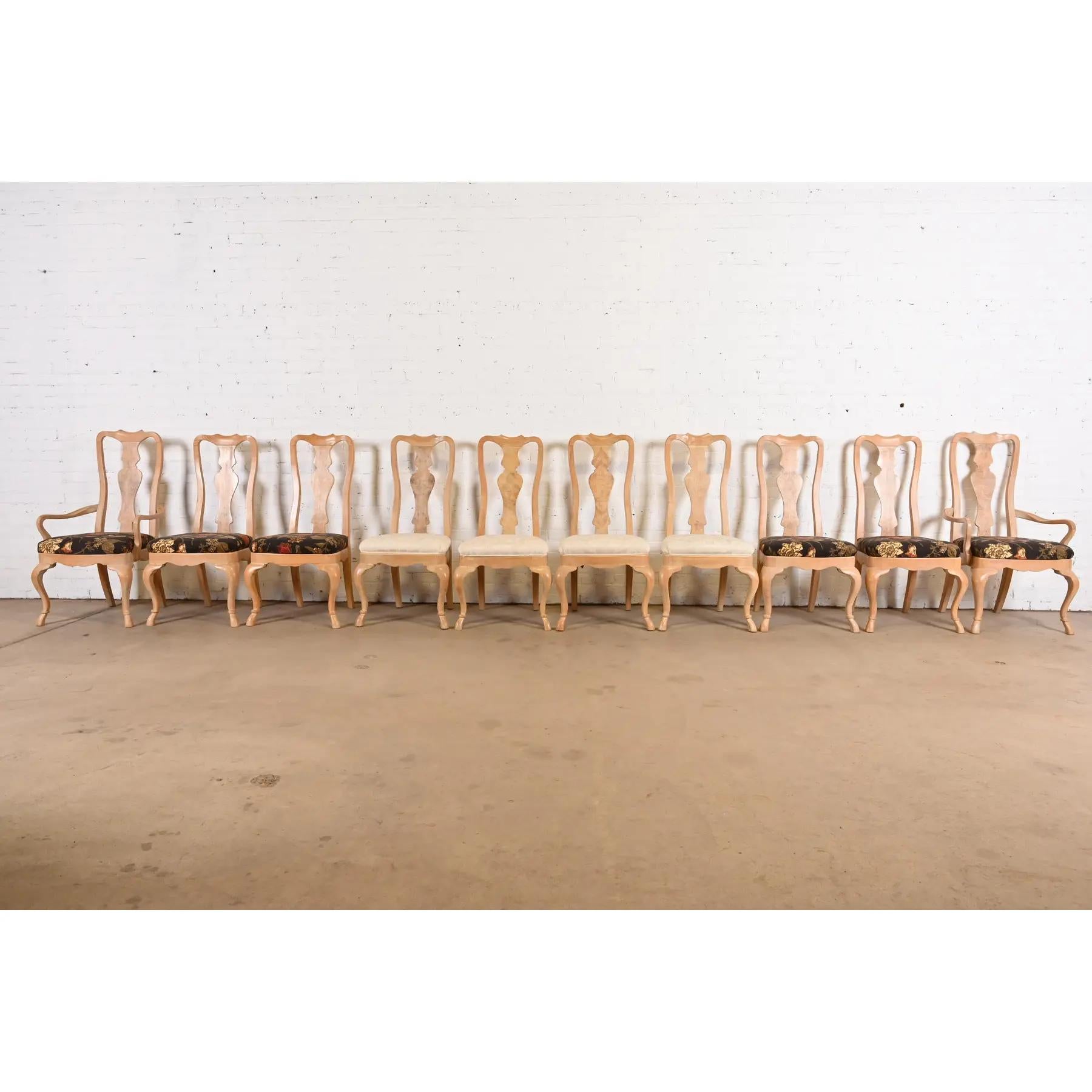 20th Century Drexel Heritage Queen Anne Carved Oak and Burl Wood Dining Chairs, Set of Ten For Sale