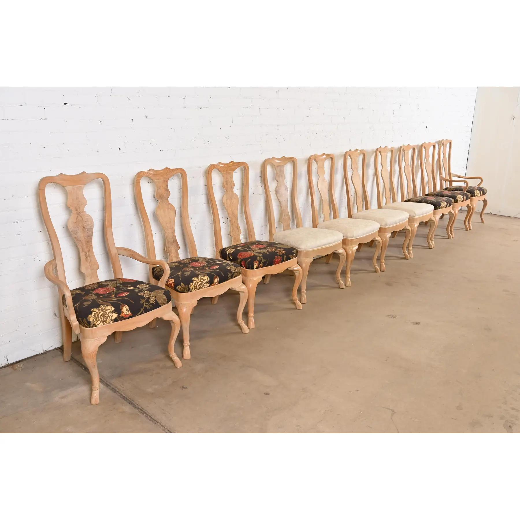 Upholstery Drexel Heritage Queen Anne Carved Oak and Burl Wood Dining Chairs, Set of Ten For Sale