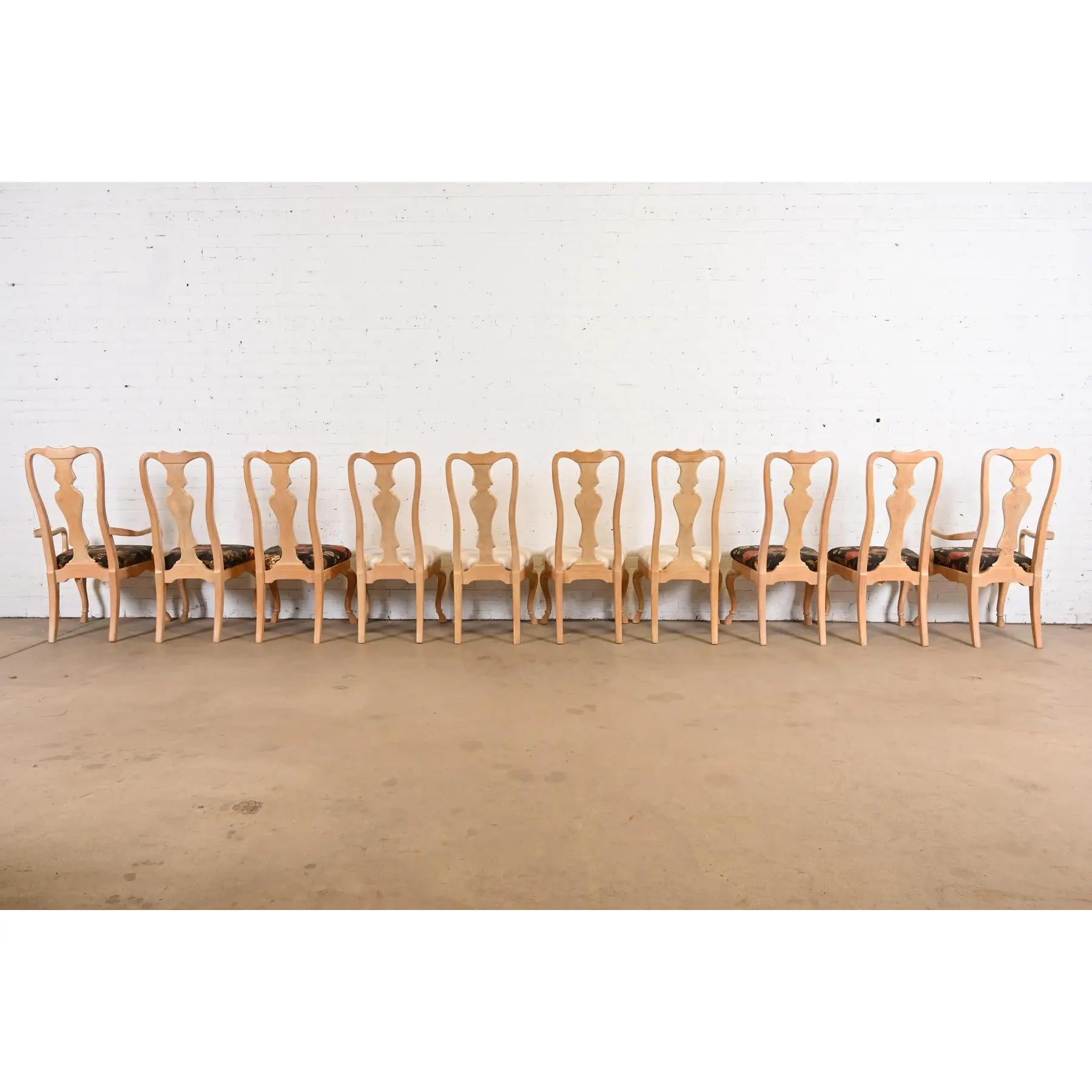 Drexel Heritage Queen Anne Carved Oak and Burl Wood Dining Chairs, Set of Ten For Sale 1