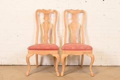 Drexel Heritage Queen Anne Carved Oak and Burl Wood Side Chairs or Dining Chairs
