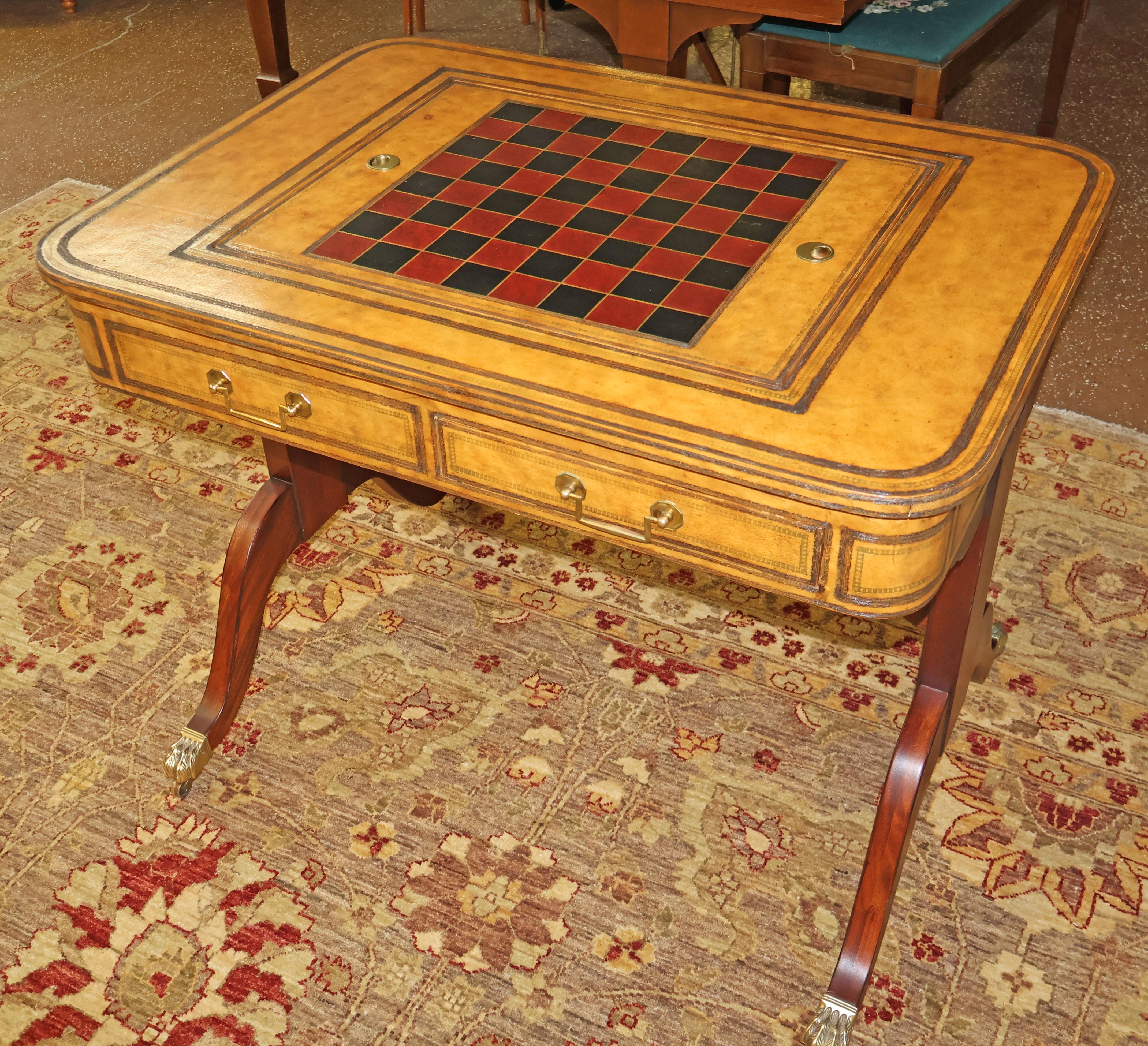 Drexel Heritage Regency Style Leather And Mahogany Game Table In Good Condition For Sale In Long Branch, NJ