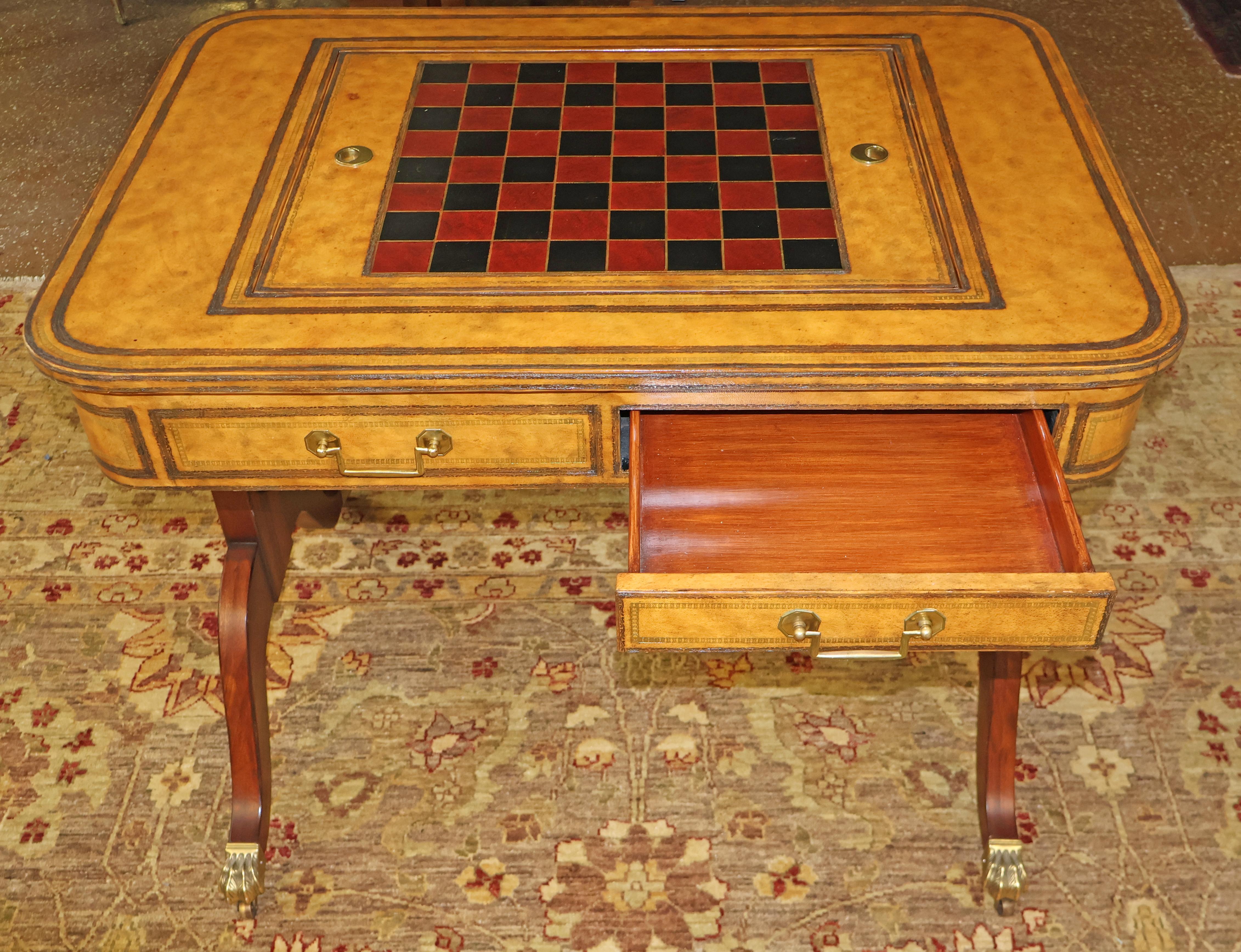 Contemporary Drexel Heritage Regency Style Leather And Mahogany Game Table For Sale