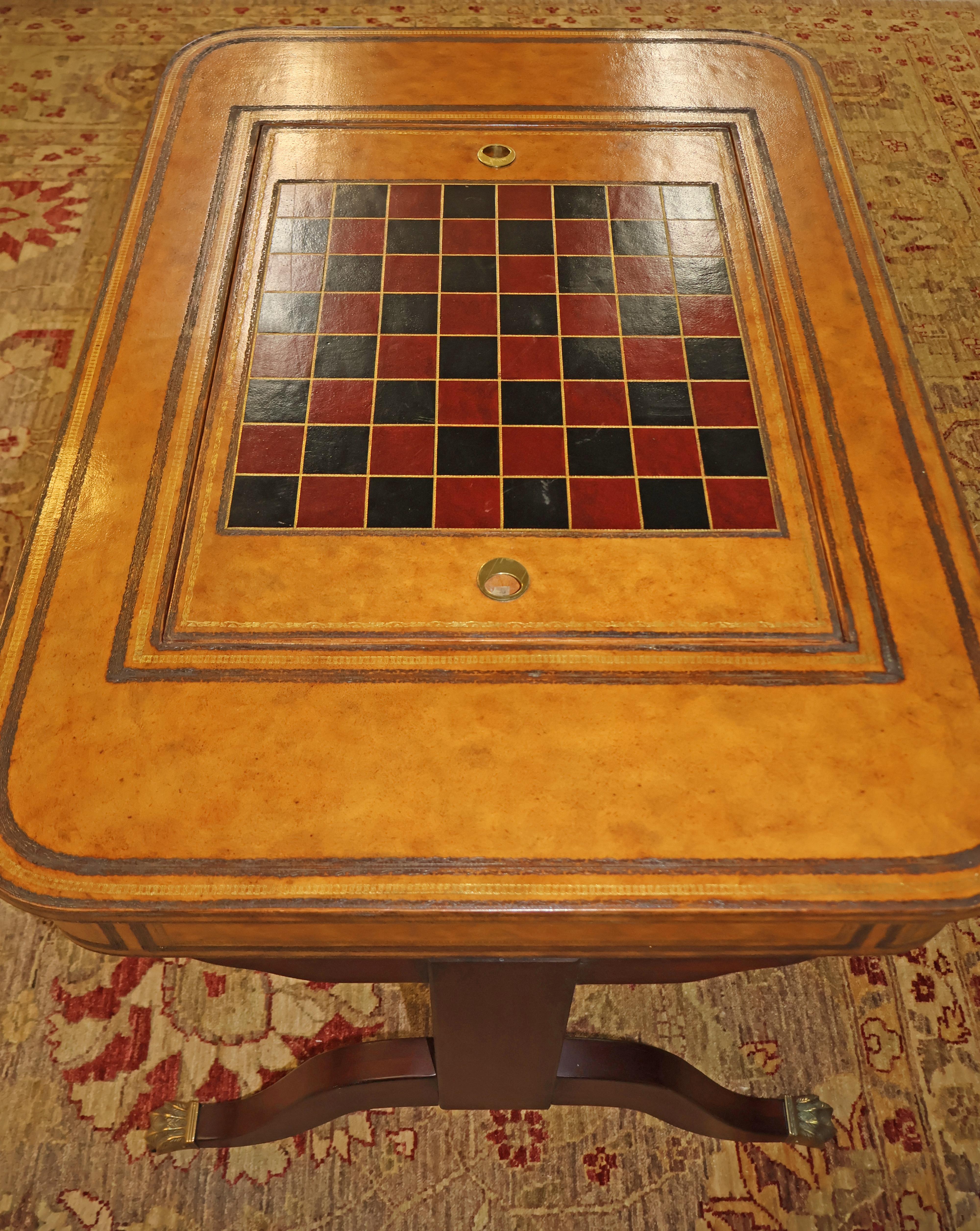 Drexel Heritage Regency Style Leather And Mahogany Game Table For Sale 3