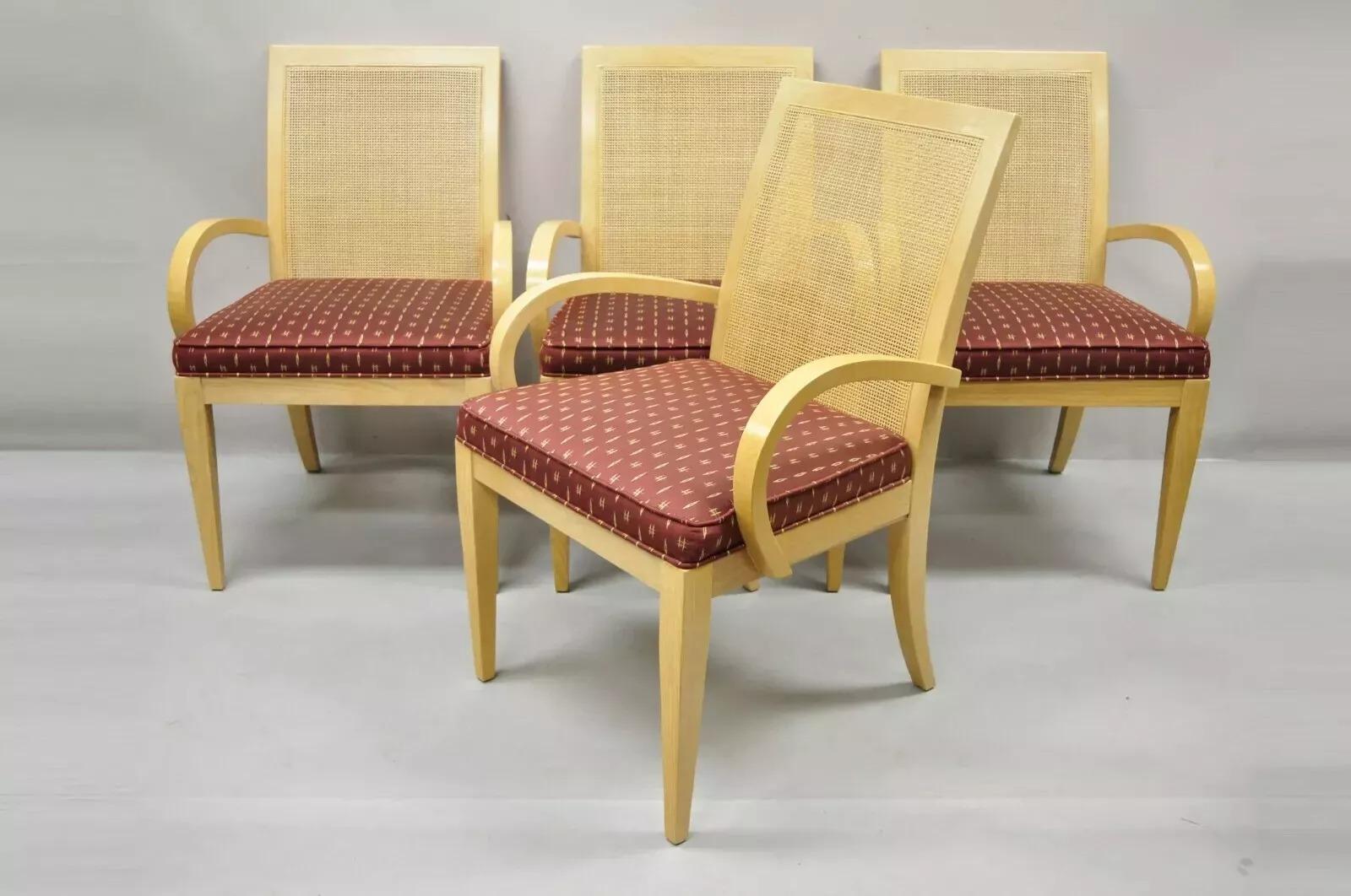 Drexel Heritage Studio Contemporary Modern Blonde Wood Dining Set. Listing includes (4) cane back arm chairs, (1) round table with inset frosted glass top and iron base, quality American craftsmanship. Circa Late 20th Century. Measurements: Chairs: