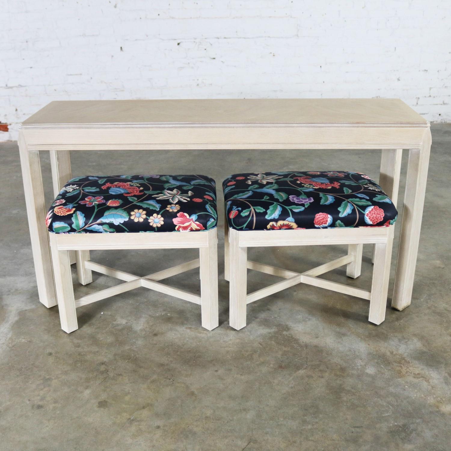 Handsome vintage transitional modern console table or sofa table with a pair of matching benches by Drexel Heritage from their Transitions collection. They are in fabulous vintage condition and their ceruse off-white finish is beautiful as is the