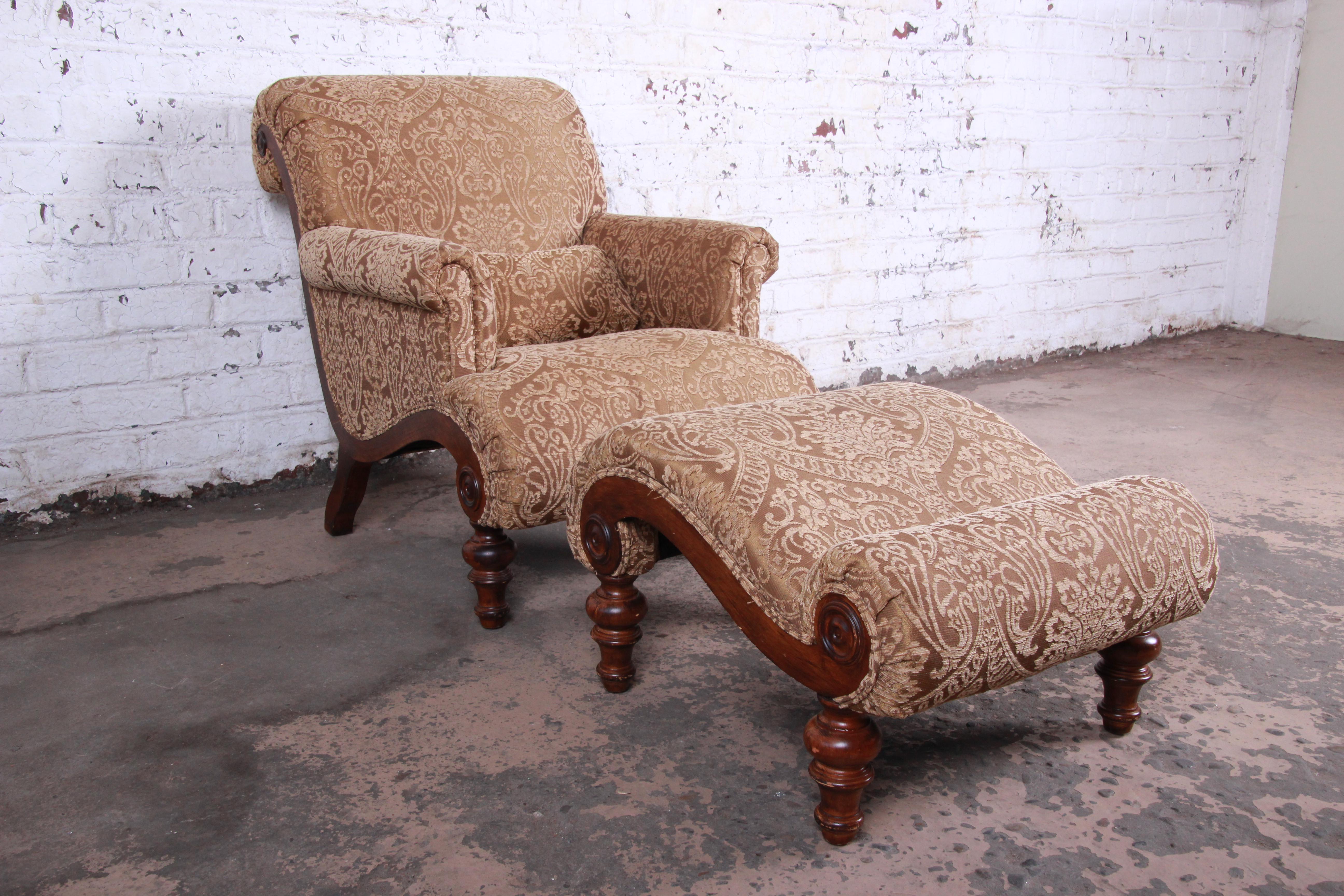 British Colonial Pair of Drexel Heritage Upholstered Lounge Chairs and Ottomans