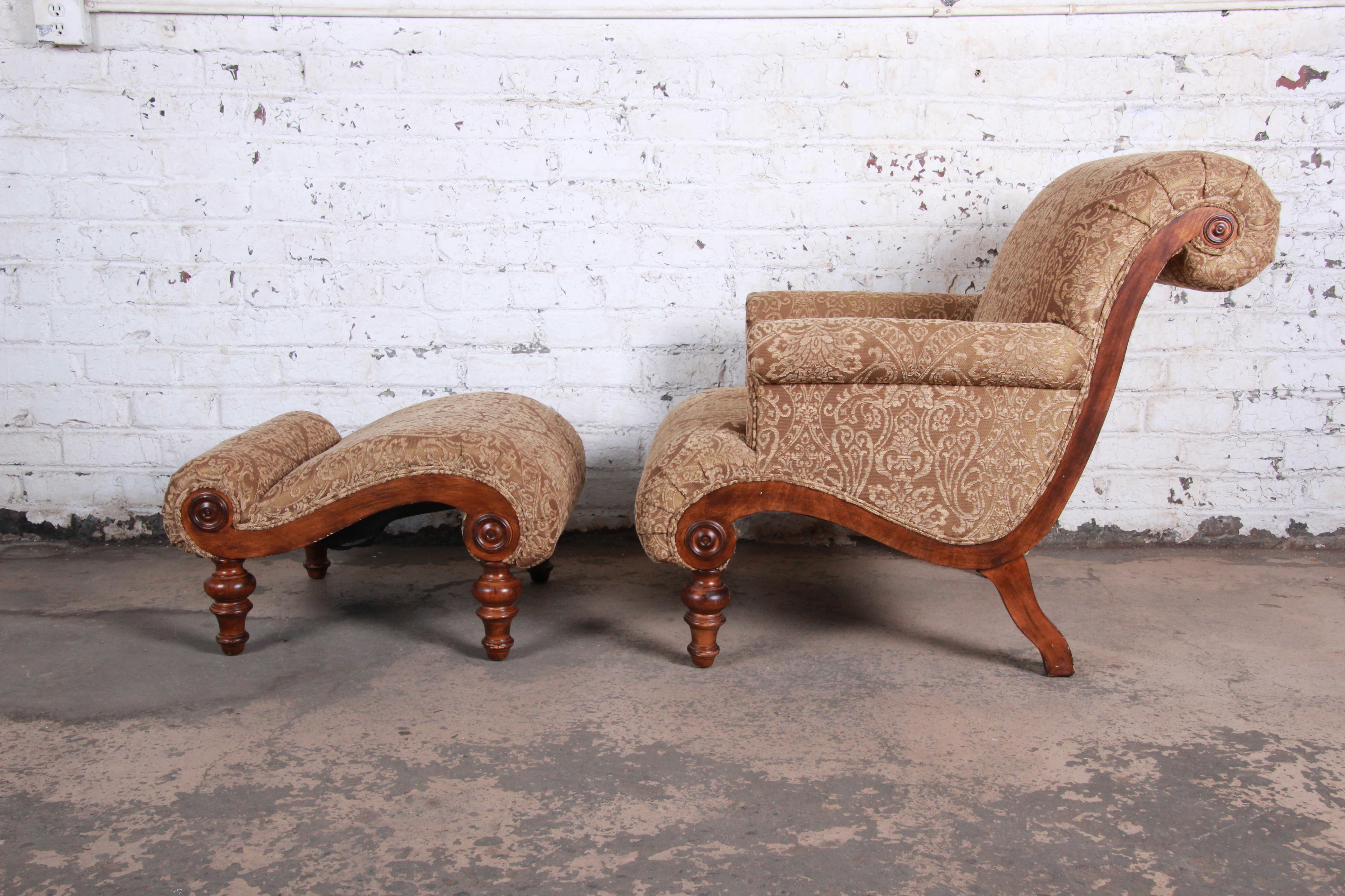 American Pair of Drexel Heritage Upholstered Lounge Chairs and Ottomans