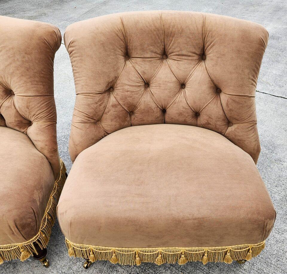 Brass Drexel Heritage Velvet Suede Slipper Chairs Pair For Sale