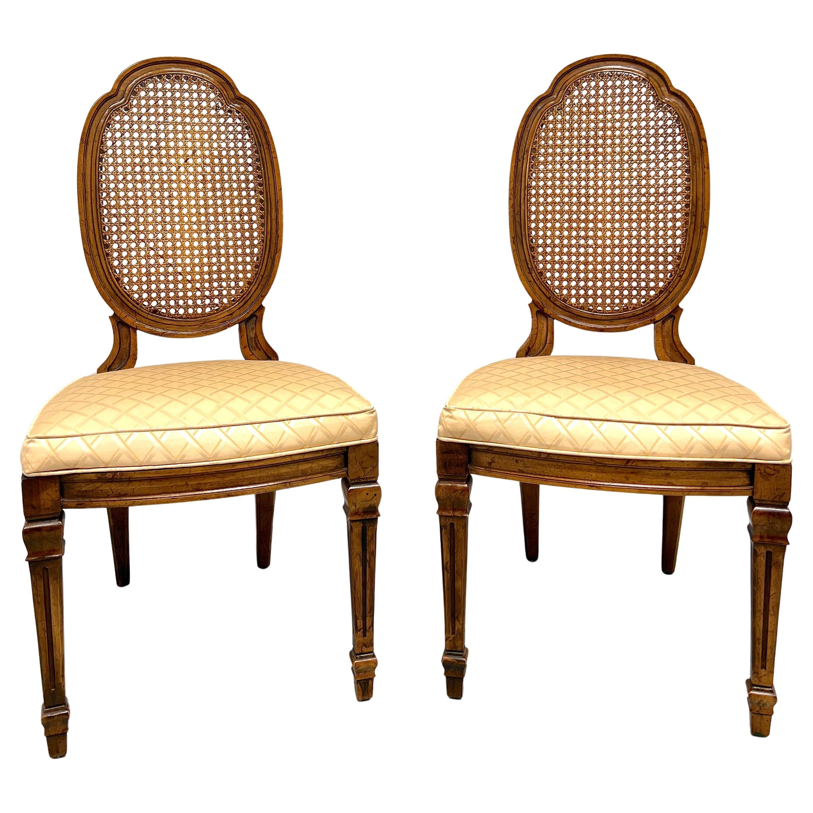 DREXEL HERITAGE Walnut & Cane French Louis XVI Dining Side Chairs - Pair A For Sale