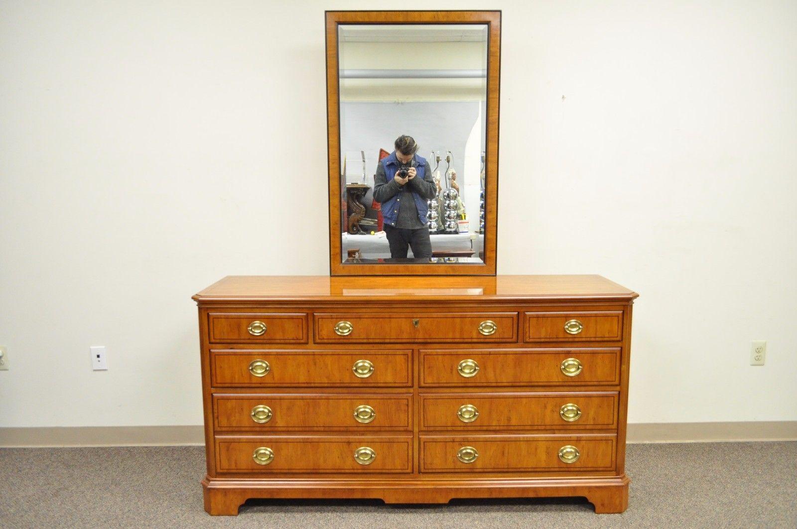 Drexel Heritage Yorkshire Yew Wood Banded Ebony Long Dresser Chest and Mirror 2