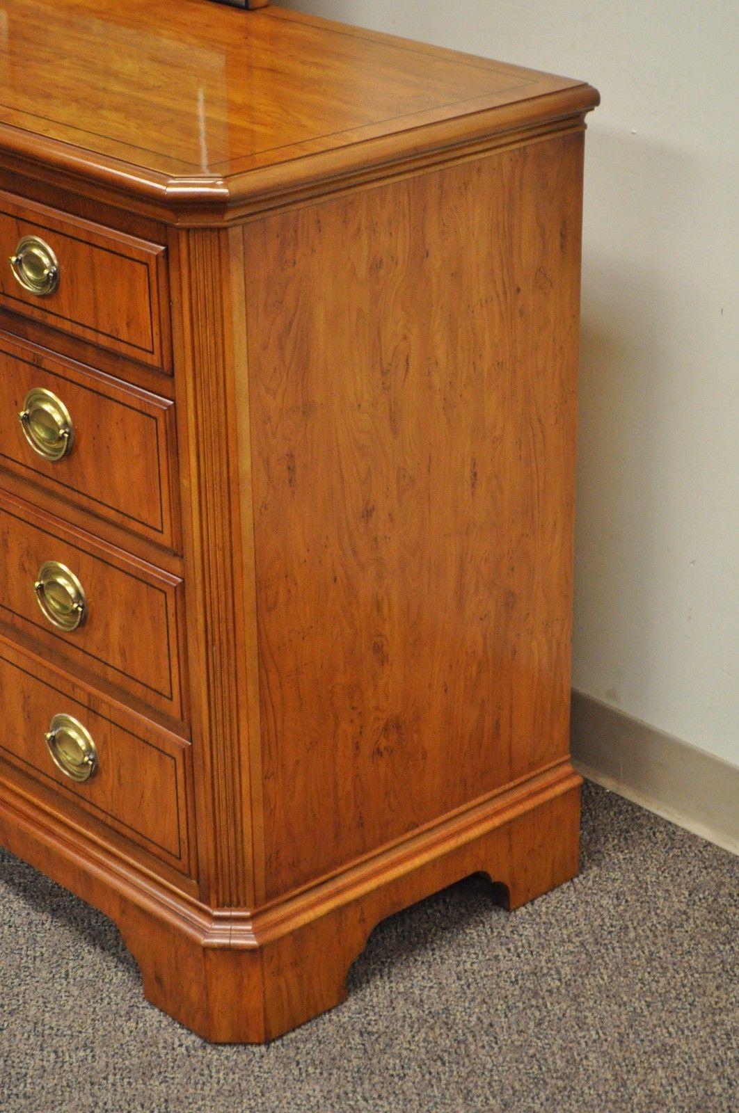 American Drexel Heritage Yorkshire Yew Wood Banded Ebony Long Dresser Chest and Mirror
