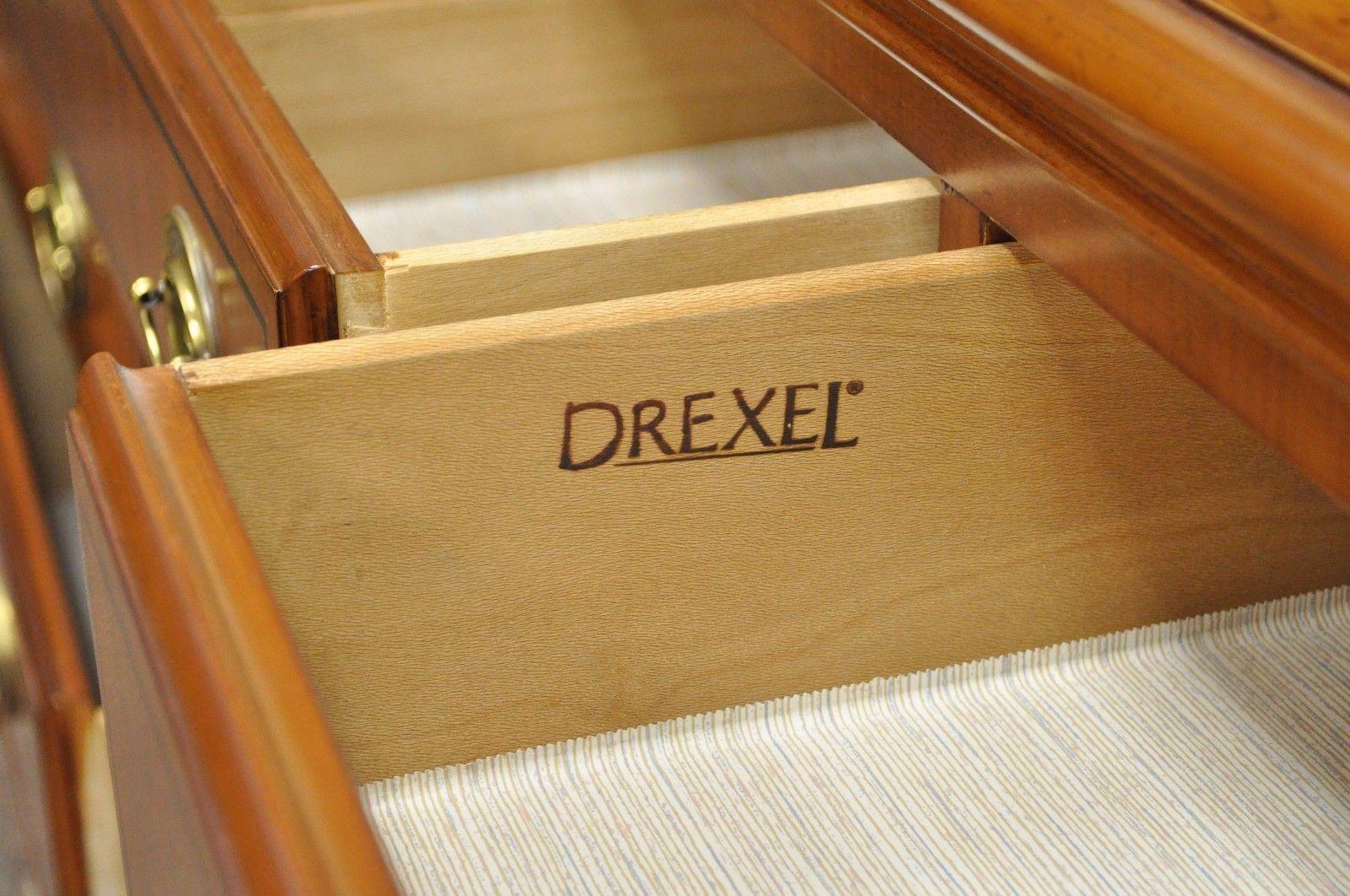 20th Century Drexel Heritage Yorkshire Yew Wood Banded Ebony Long Dresser Chest and Mirror