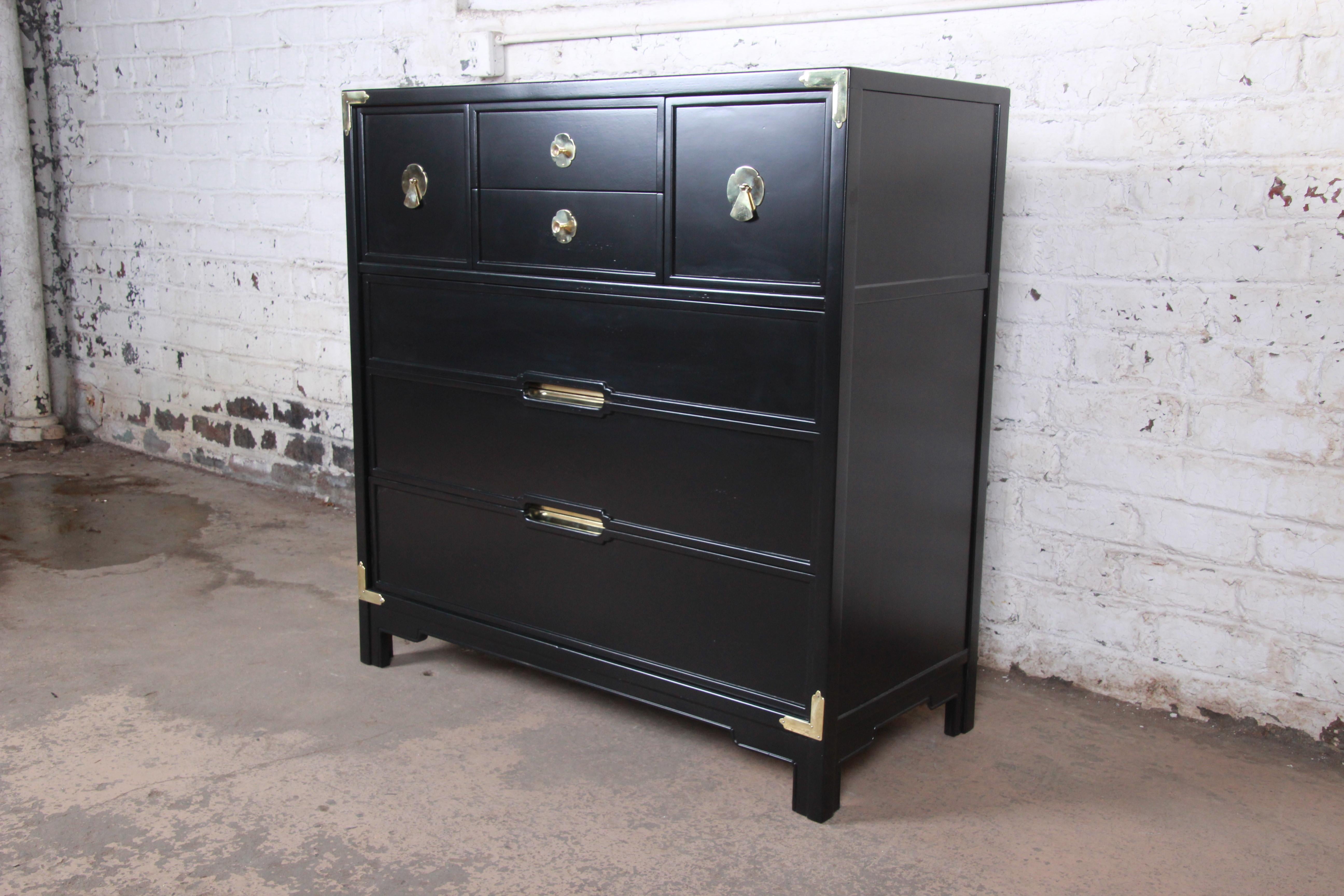 A gorgeous Mid-Century Modern Hollywood Regency chinoiserie highboy chest of drawers with unique flip-up vanity mirror

By Drexel Furniture 