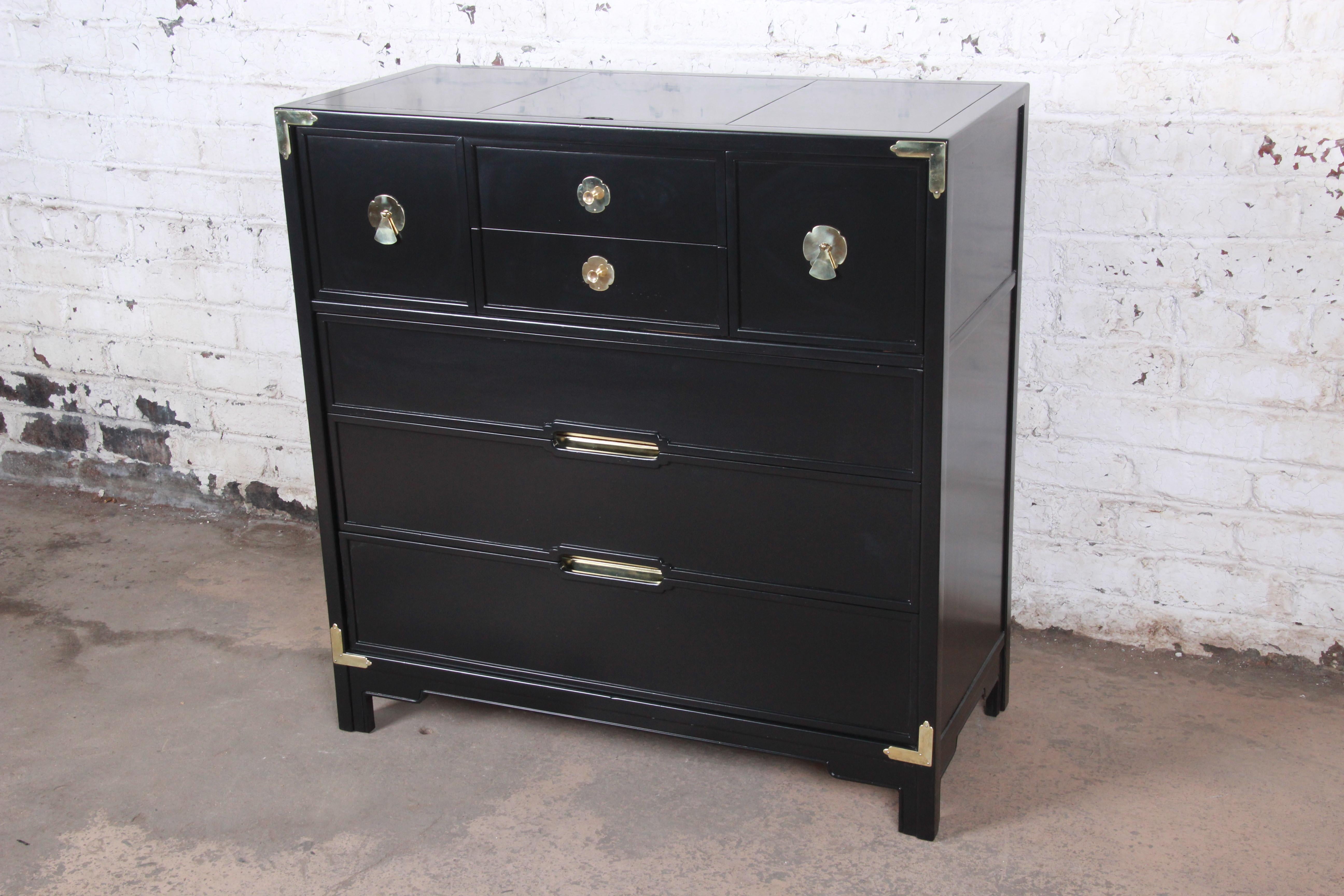 Mid-Century Modern Drexel Hollywood Regency Chinoiserie Black Lacquered Chest with Flip-Up Mirror