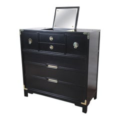 Retro Drexel Hollywood Regency Chinoiserie Black Lacquered Chest with Flip-Up Mirror