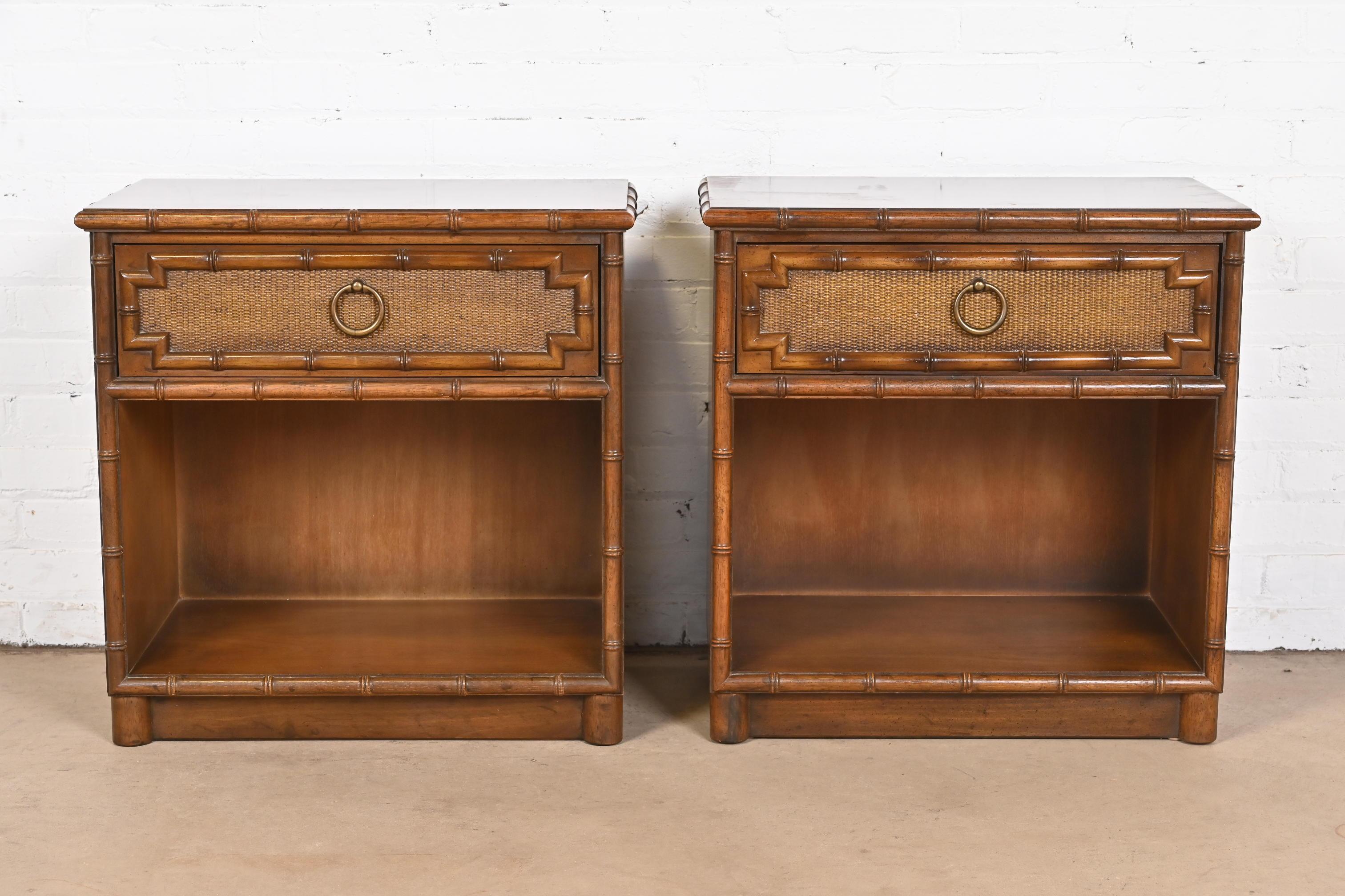 Mid-Century Modern Drexel Hollywood Regency Chinoiserie Walnut Faux Bamboo Nightstands, Pair For Sale