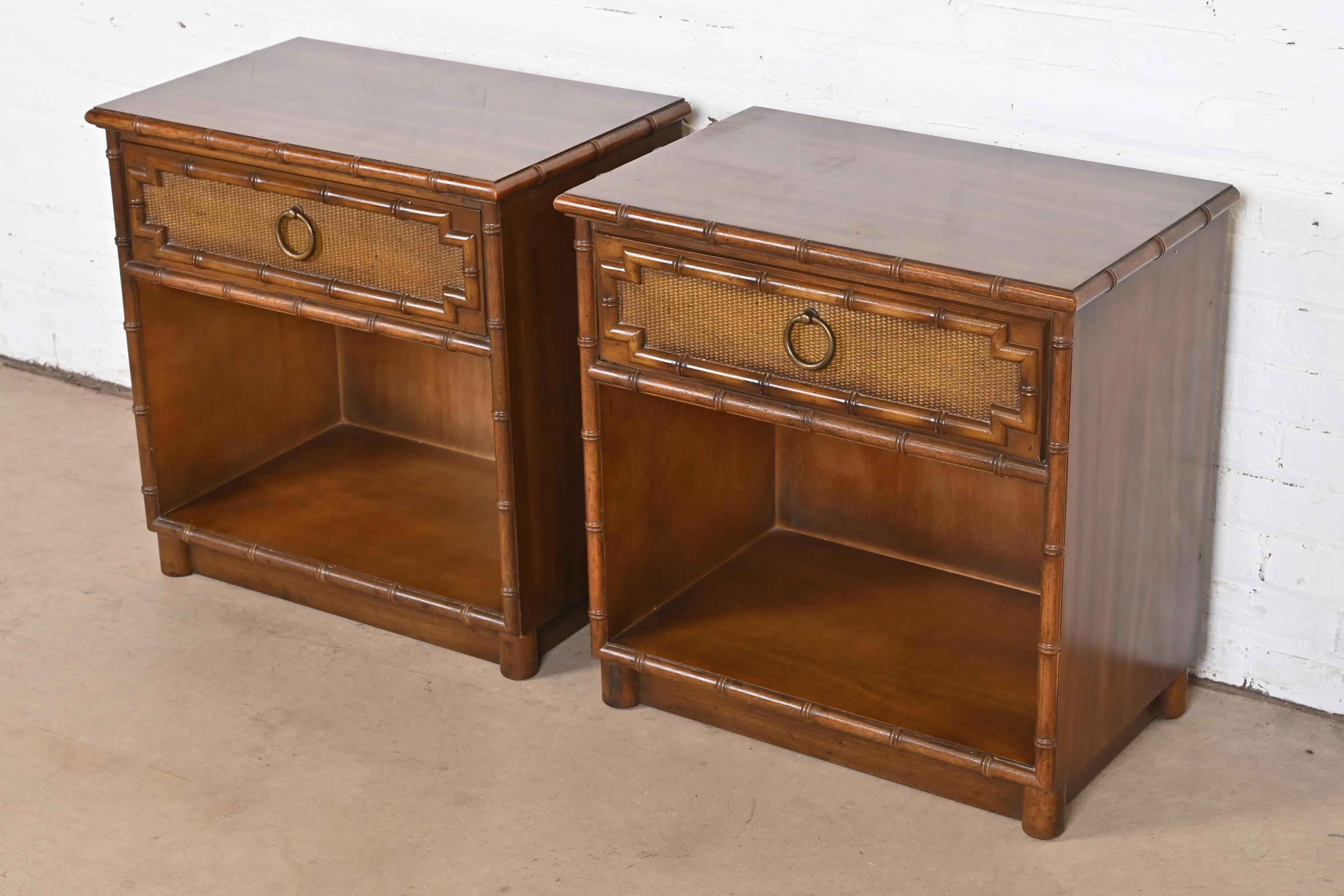 American Drexel Hollywood Regency Chinoiserie Walnut Faux Bamboo Nightstands, Pair For Sale