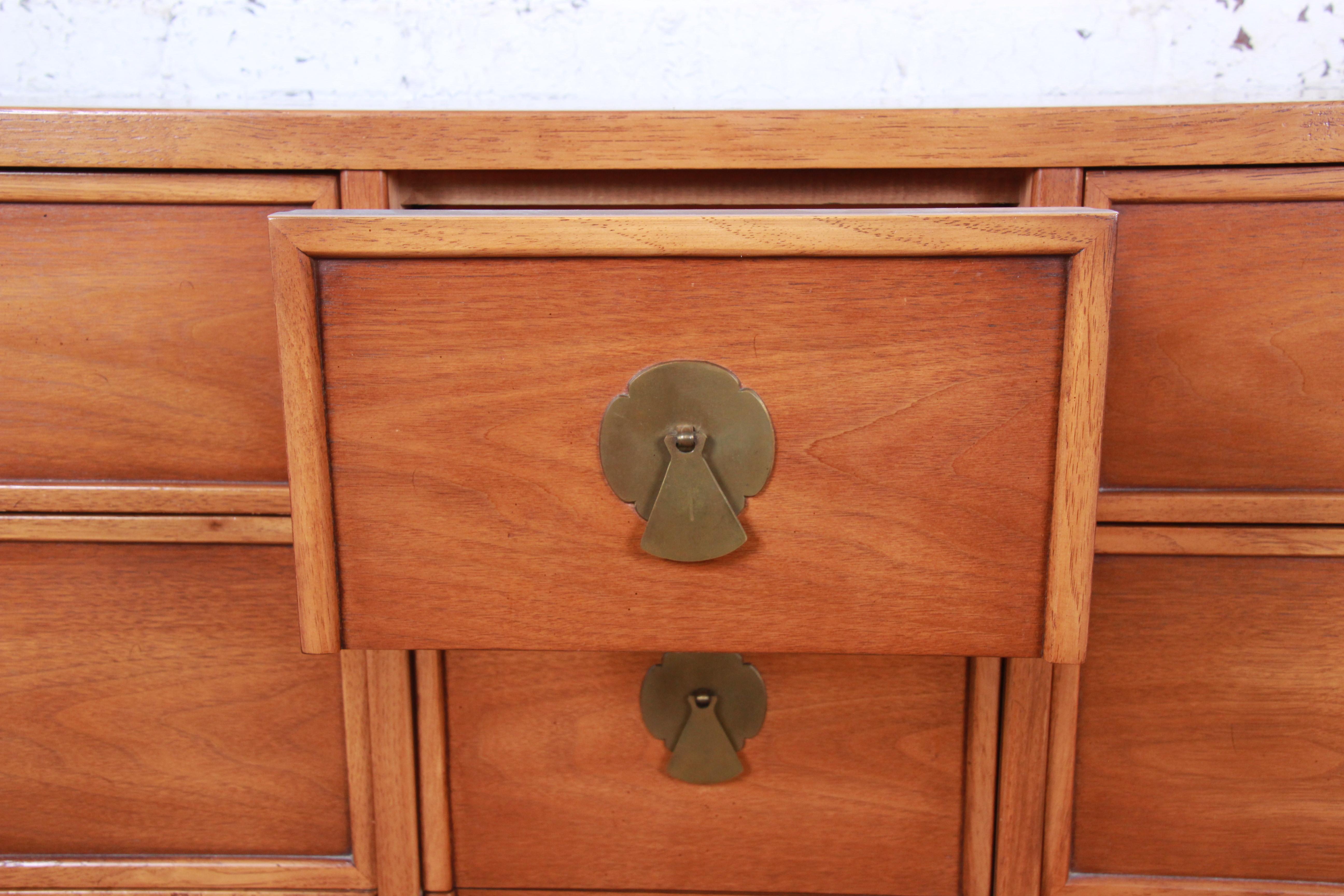 Drexel Hollywood Regency Chinoiserie Walnut Long Dresser or Credenza, 1950s In Good Condition In South Bend, IN