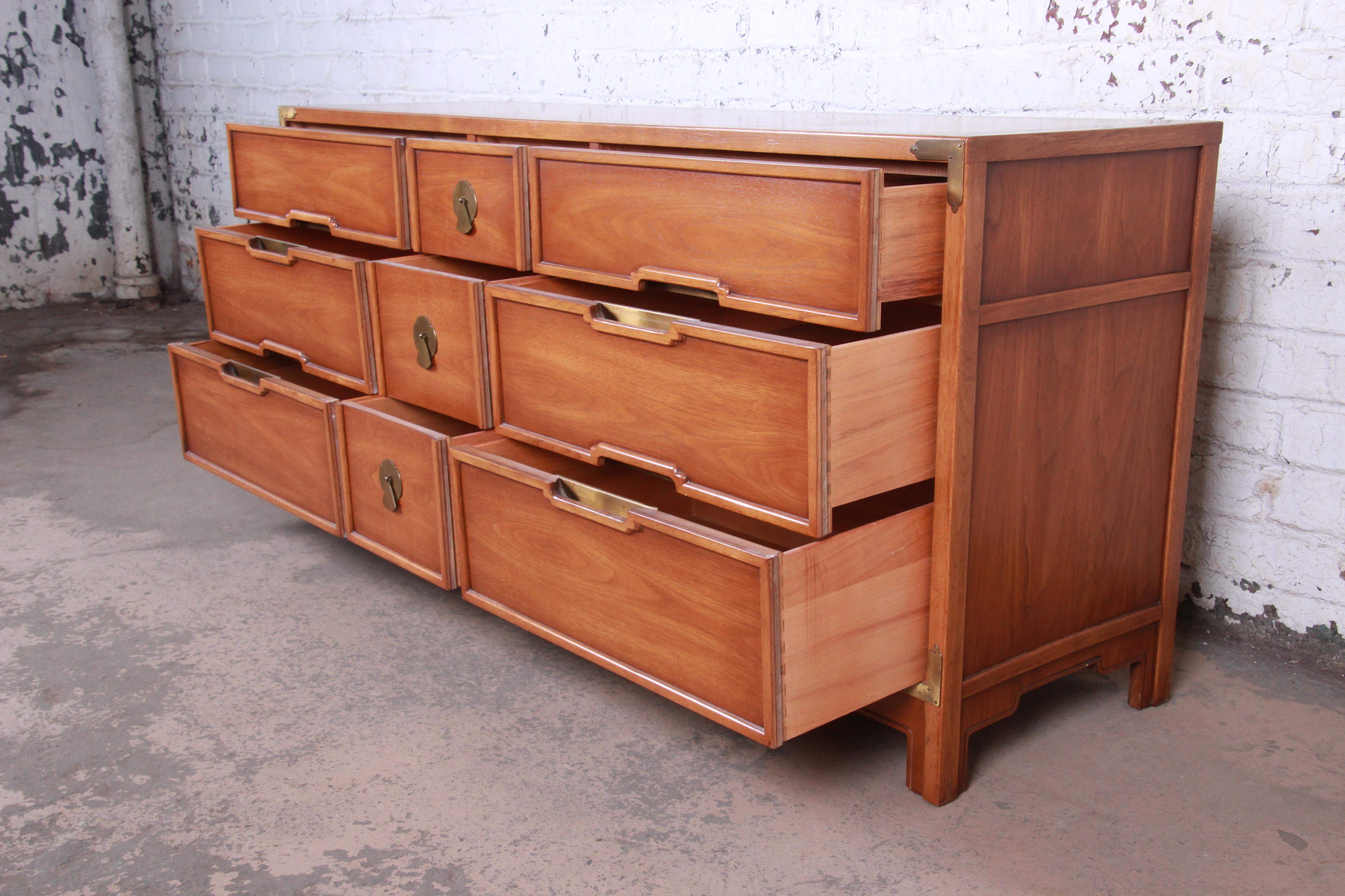 Mid-20th Century Drexel Hollywood Regency Chinoiserie Walnut Long Dresser or Credenza, 1950s