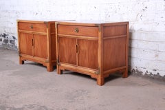 Drexel Hollywood Regency Chinoiserie Walnut Nightstands, Pair