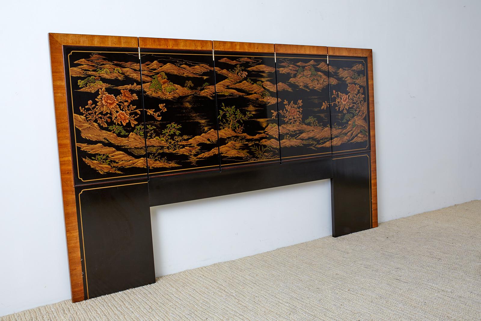 Hollywood Regency five-panel screen headboard featuring a lacquered Chinese Coromandel style decoration. Appears to be a king size board with mounting holes on each side 75 inches wide. Made by Drexel heritage with a mahogany bordering beautifully