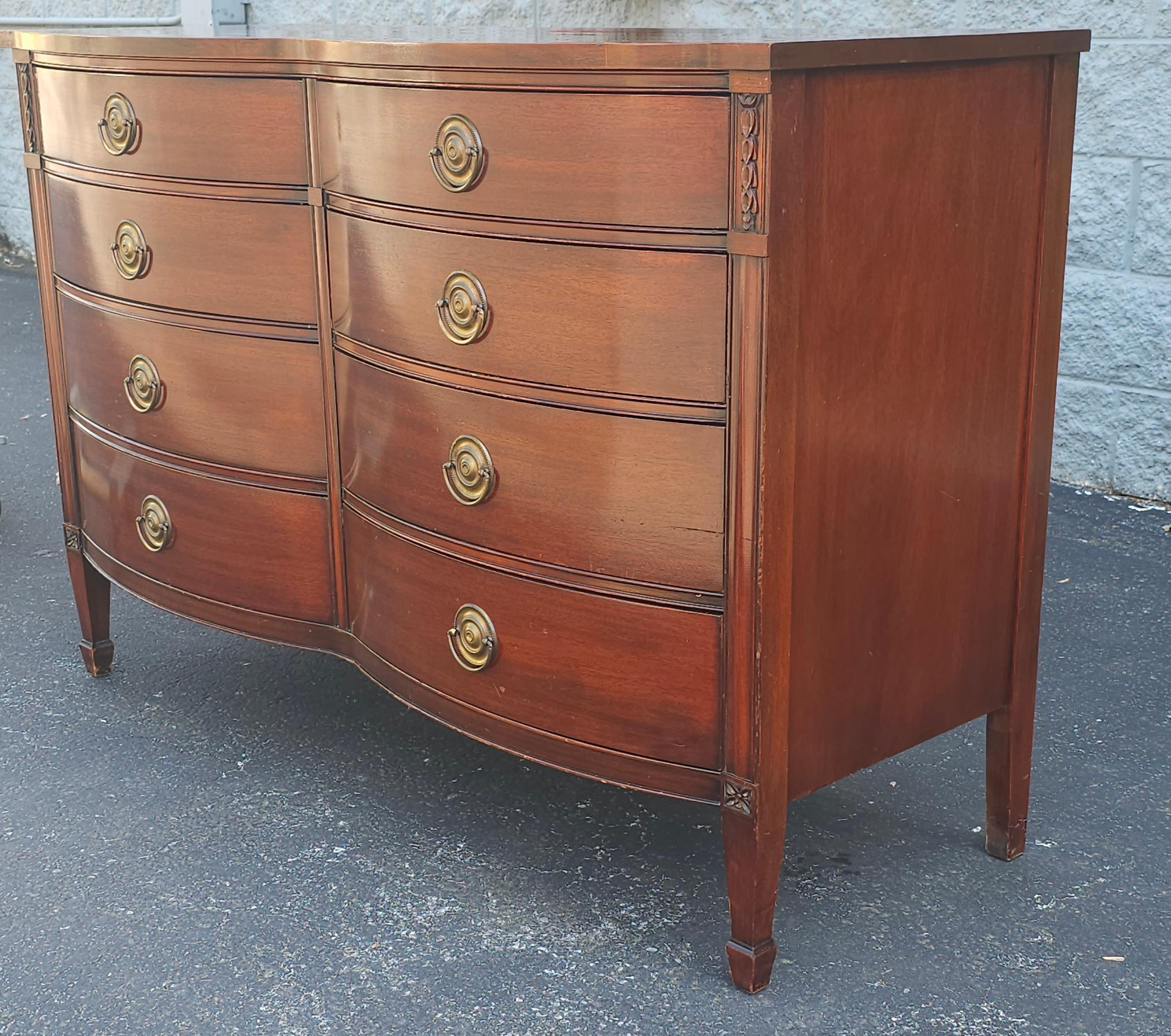 American Drexel Mid Century Federal Style Serpentine Mahogany Double Dresser w Glass Top For Sale