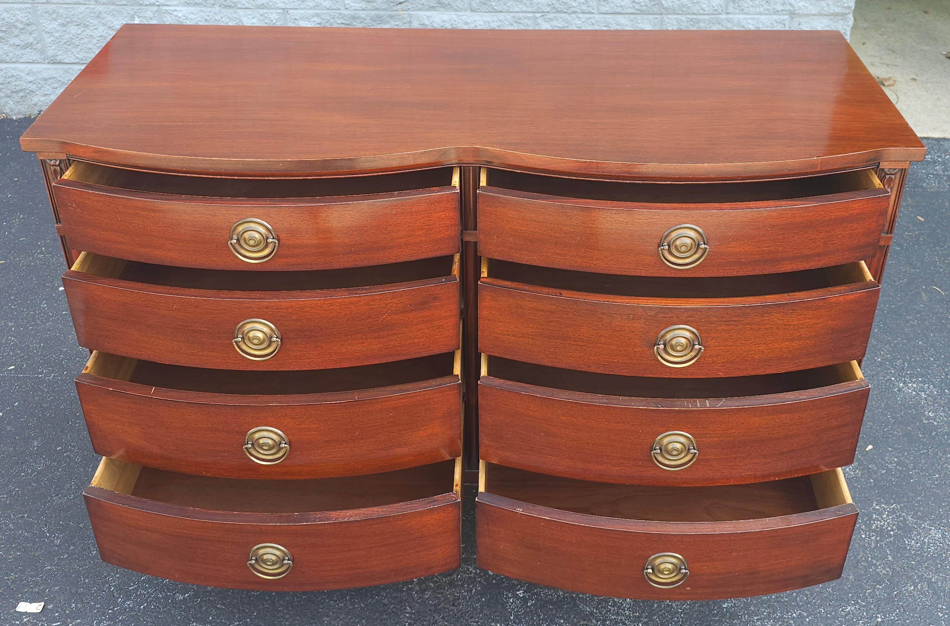 Other Drexel Mid Century Federal Style Serpentine Mahogany Double Dresser w Glass Top For Sale