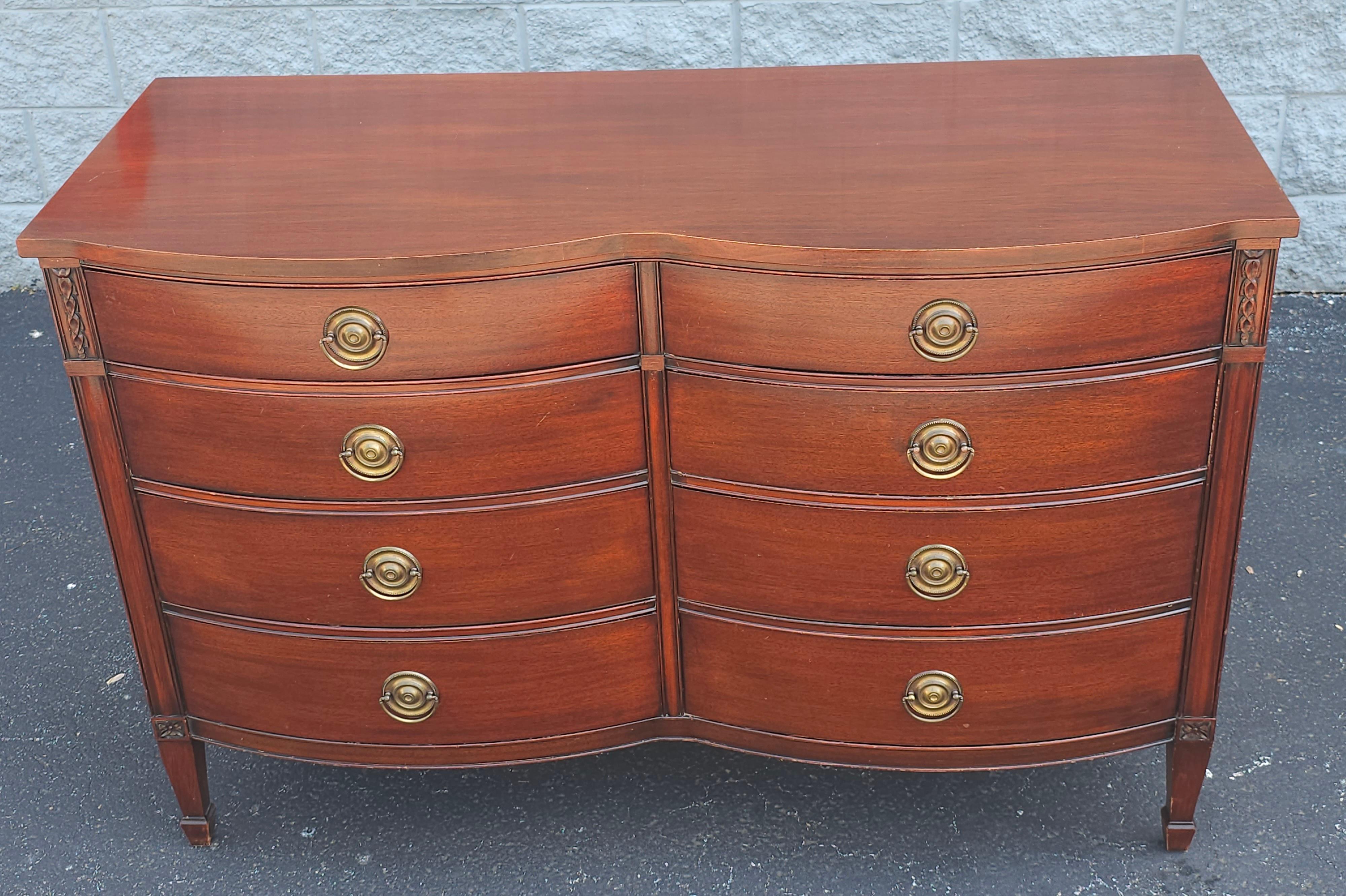 Brass Drexel Mid Century Federal Style Serpentine Mahogany Double Dresser w Glass Top For Sale