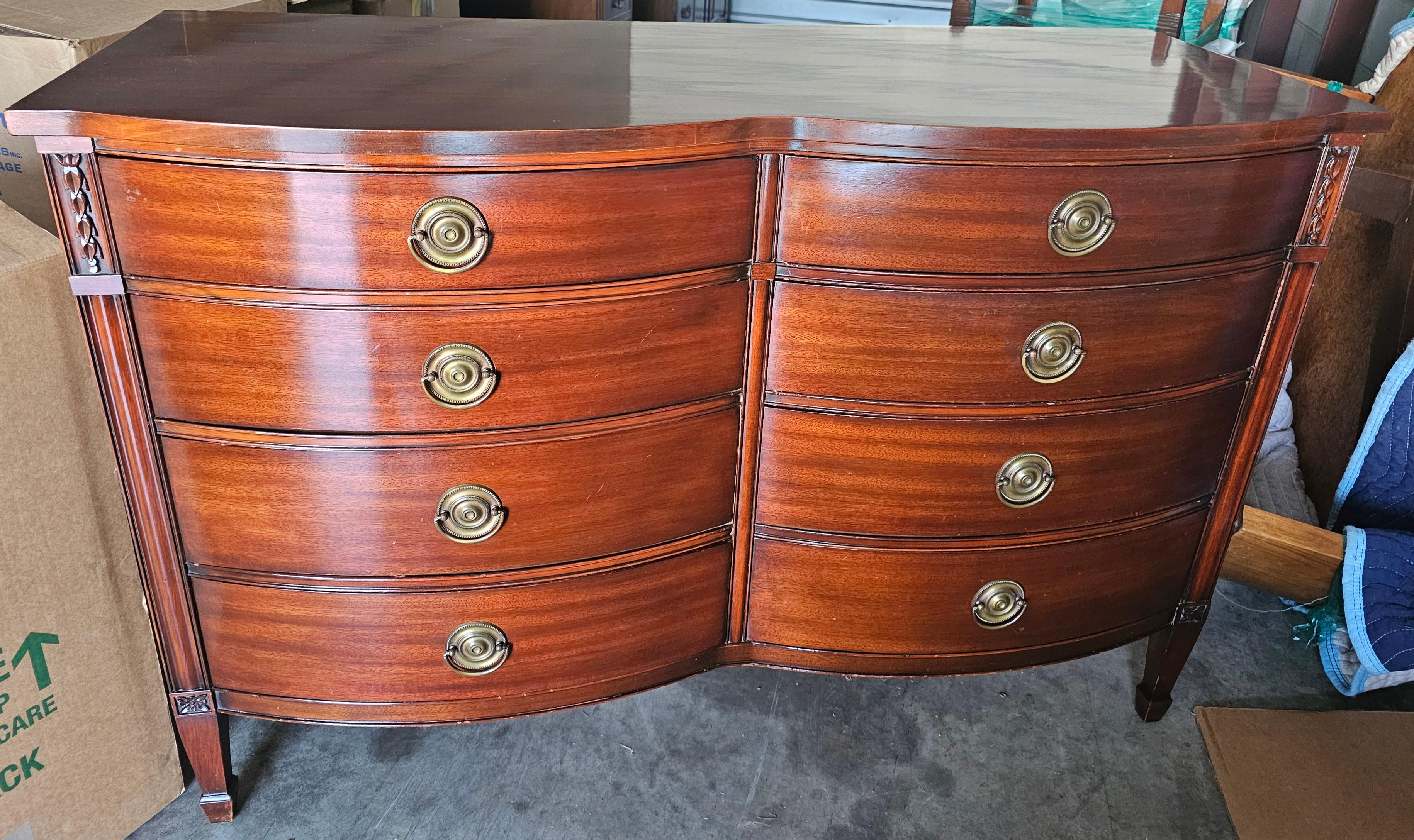 Drexel Mid Century Federal Style Serpentine Mahogany Double Dresser w Glass Top For Sale 1
