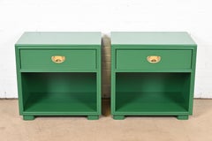Drexel Mid-Century Hollywood Regency Campaign Green Lacquered Nightstands