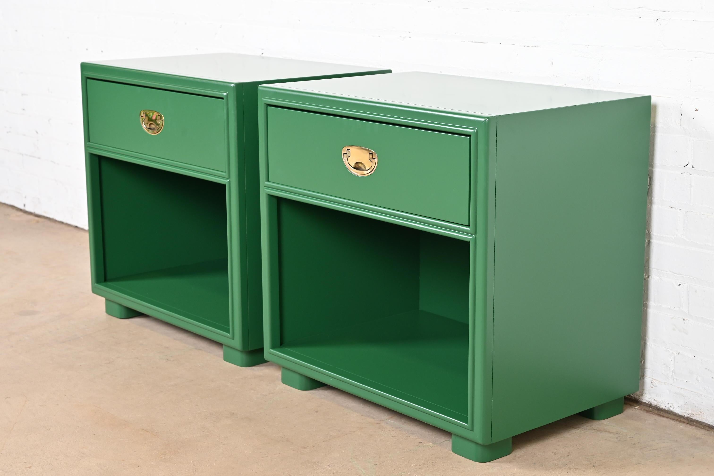 Mid-Century Modern Drexel Mid-Century Hollywood Regency Campaign Green Lacquered Nightstands For Sale