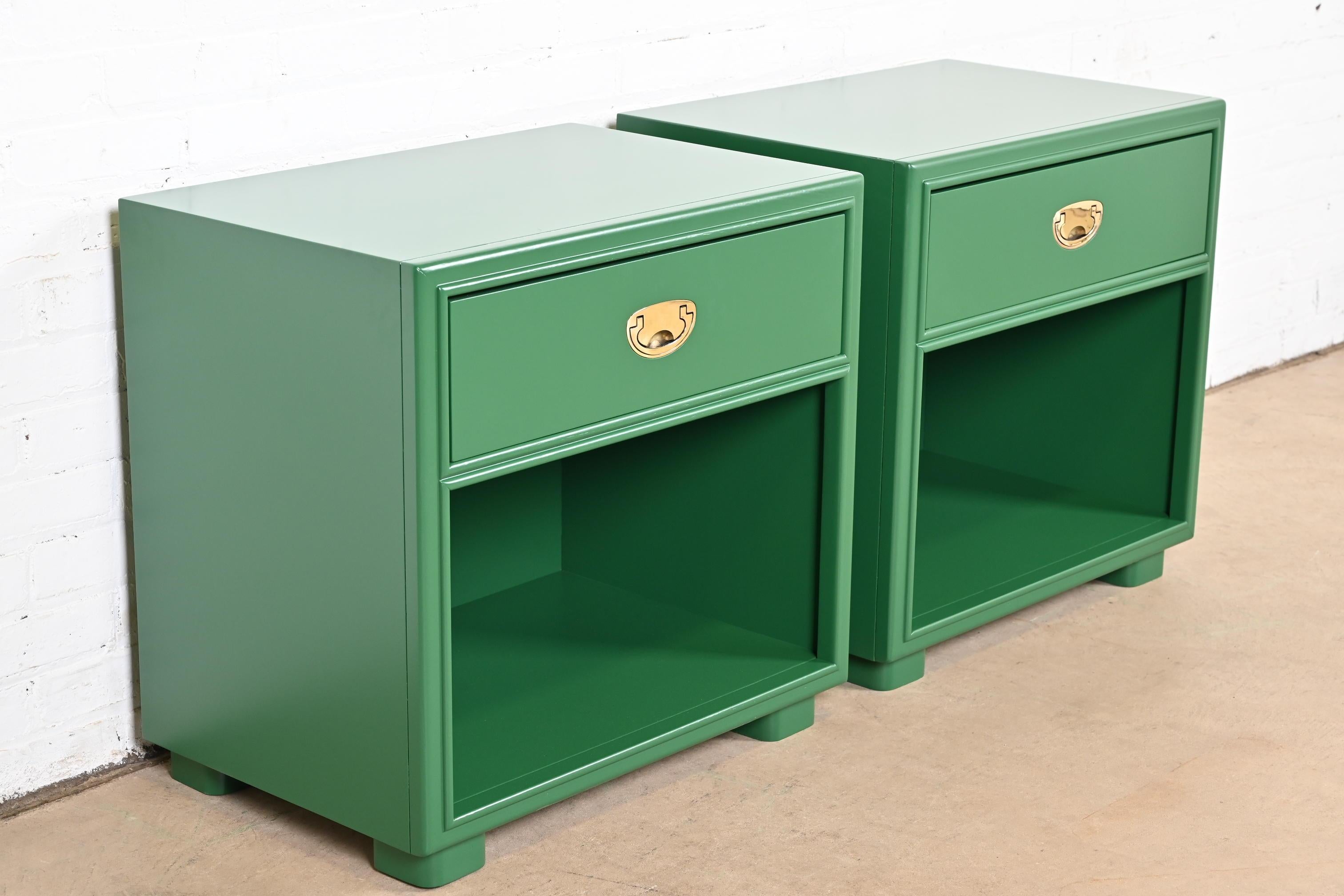 American Drexel Mid-Century Hollywood Regency Campaign Green Lacquered Nightstands For Sale