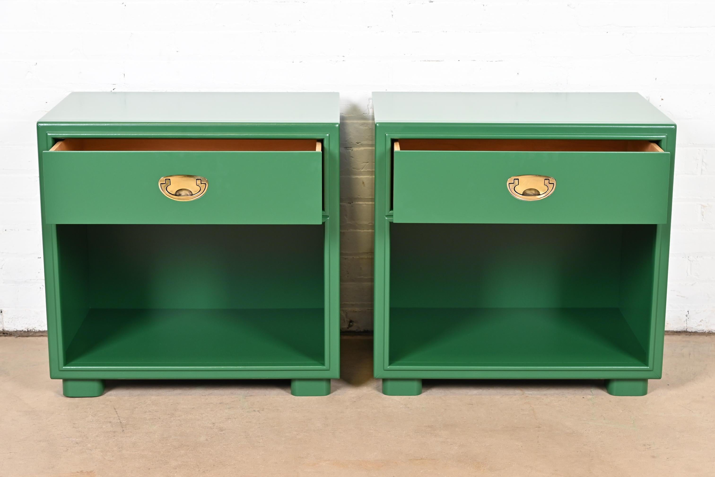 Late 20th Century Drexel Mid-Century Hollywood Regency Campaign Green Lacquered Nightstands For Sale