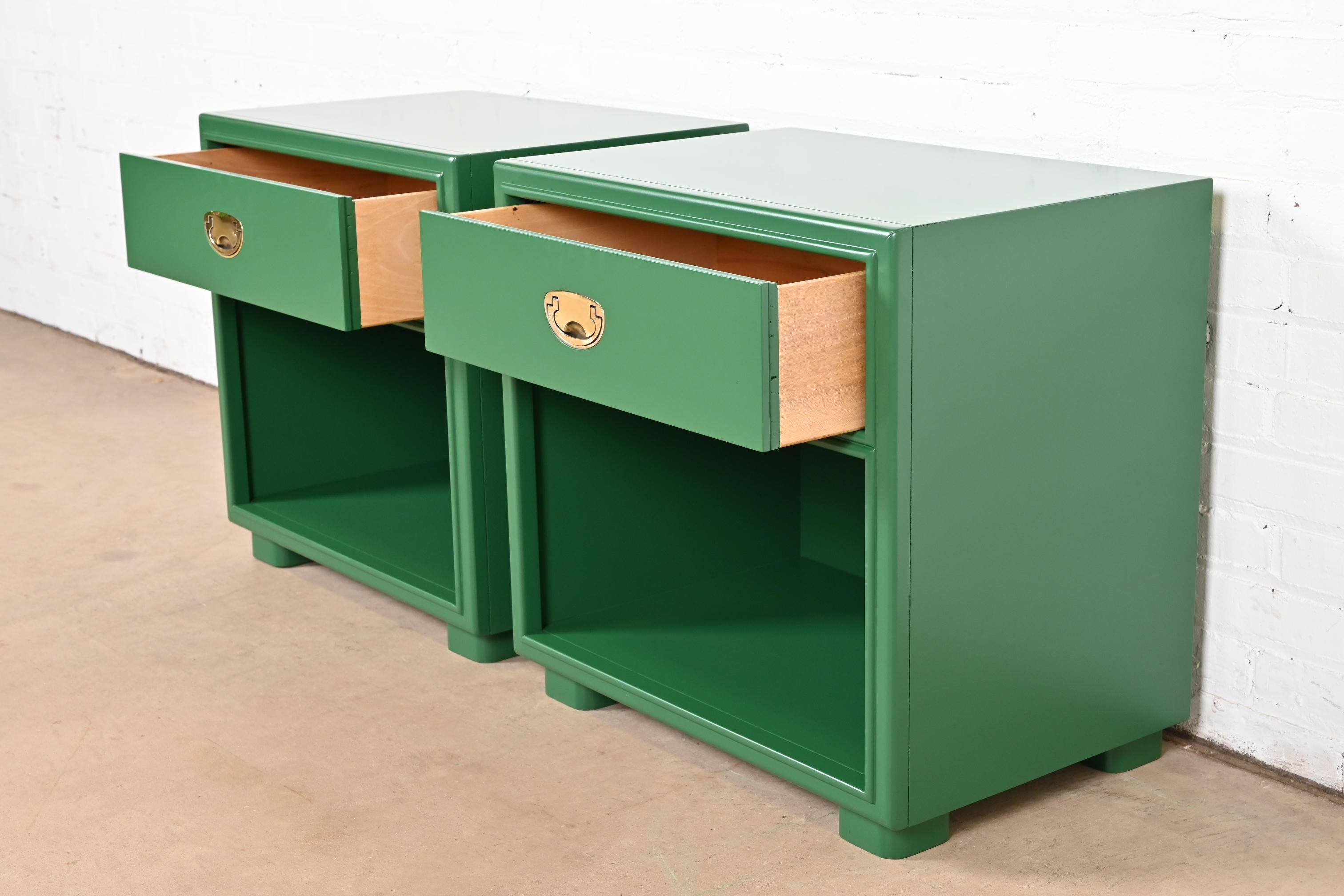 Brass Drexel Mid-Century Hollywood Regency Campaign Green Lacquered Nightstands For Sale