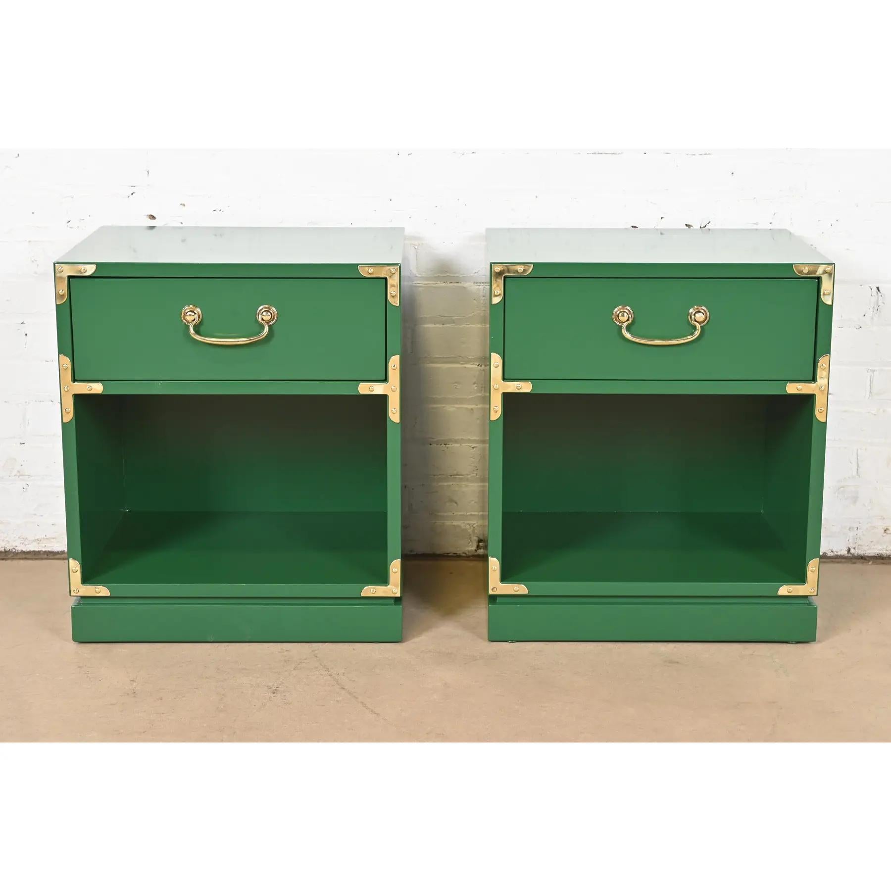 American Drexel Mid-Century Hollywood Regency Campaign Lacquered Nightstands, Refinished For Sale