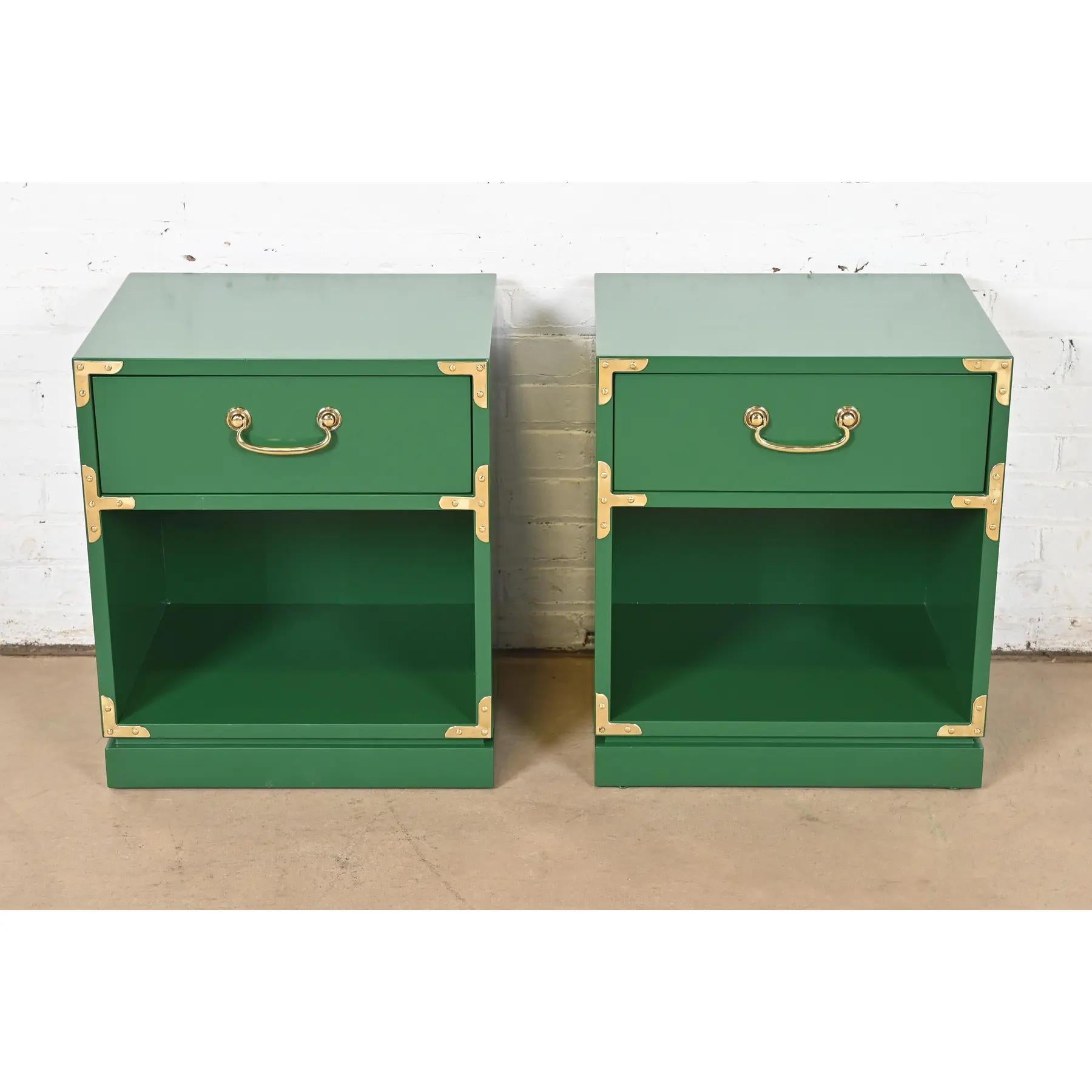Drexel Mid-Century Hollywood Regency Campaign Lacquered Nightstands, Refinished In Good Condition For Sale In South Bend, IN
