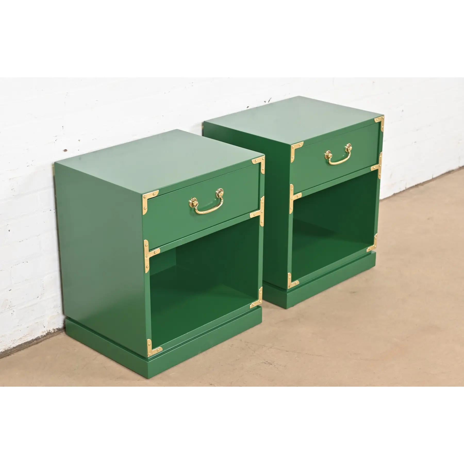 Mid-20th Century Drexel Mid-Century Hollywood Regency Campaign Lacquered Nightstands, Refinished For Sale