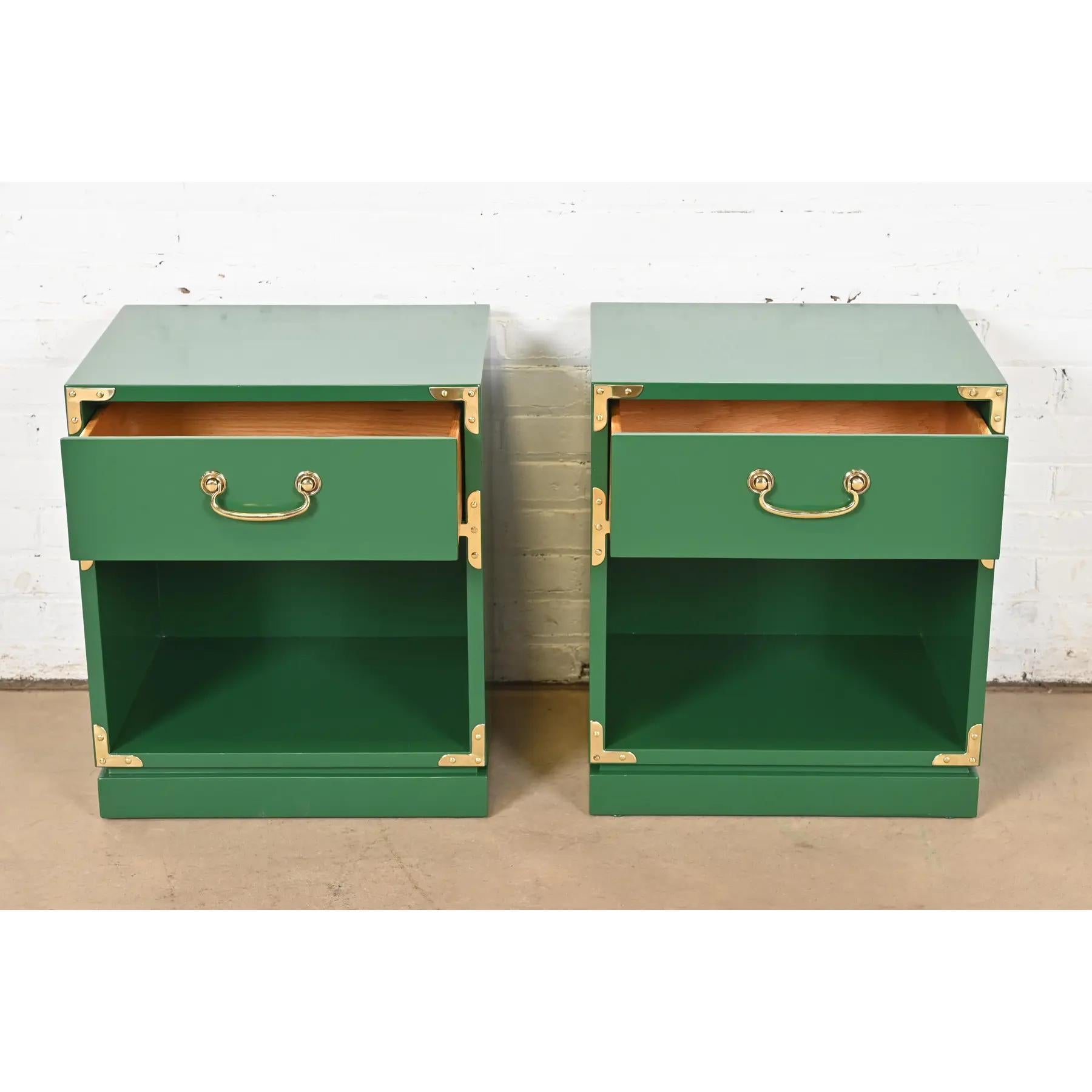 Brass Drexel Mid-Century Hollywood Regency Campaign Lacquered Nightstands, Refinished For Sale